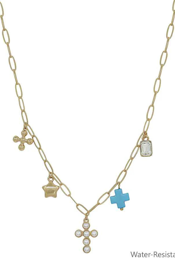Water-Resistant Gold Chain with Pearl Beaded Cross, Teal Cross, and Star Charm 16"-18" Necklace-Necklaces-Deja Nu Tx-Deja Nu Boutique, Women's Fashion Boutique in Lampasas, Texas