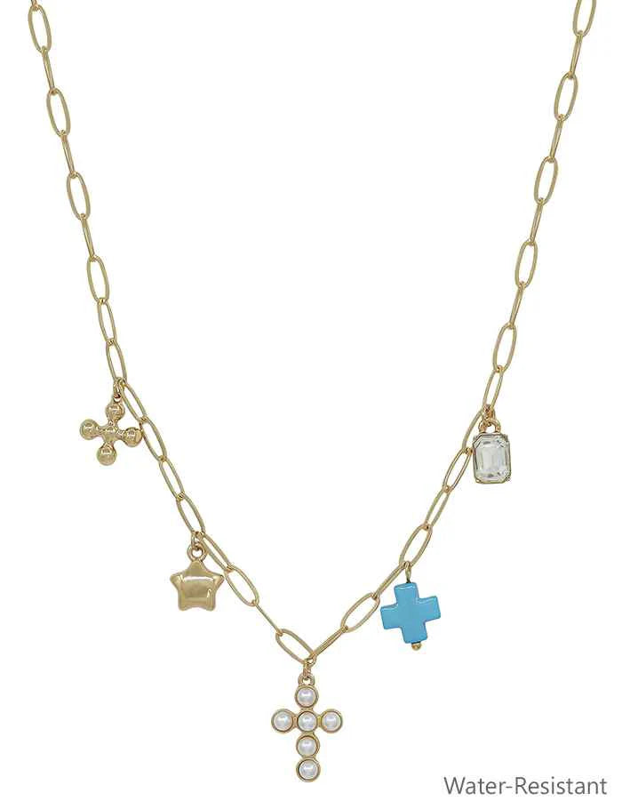Water-Resistant Gold Chain with Pearl Beaded Cross, Teal Cross, and Star Charm 16"-18" Necklace-Necklaces-Deja Nu Tx-Deja Nu Boutique, Women's Fashion Boutique in Lampasas, Texas
