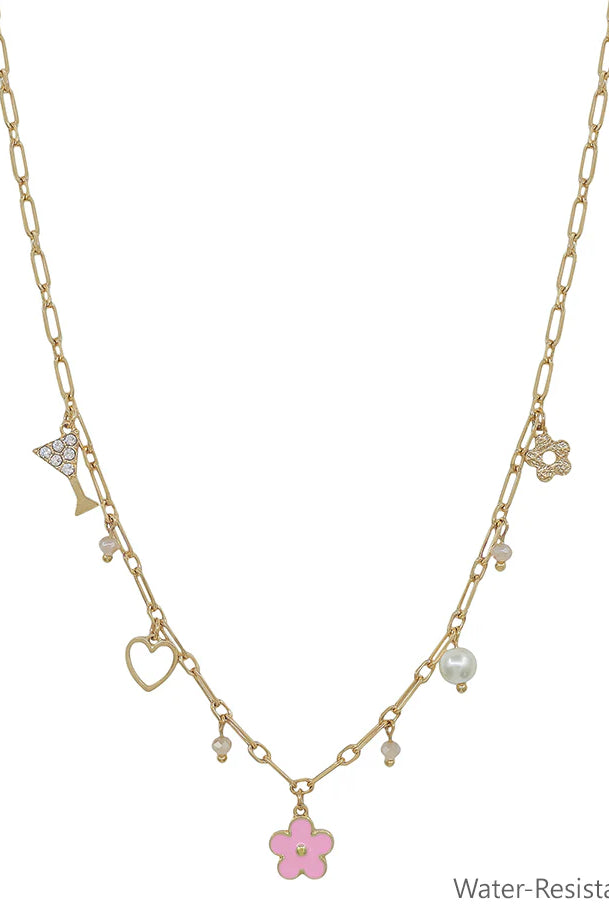 Water-Resistant Gold Chain Necklace with Pink and Gold Flower Charms (16"-18") – Pool and Beach Ready-Necklaces-Deja Nu Tx-Deja Nu Boutique, Women's Fashion Boutique in Lampasas, Texas