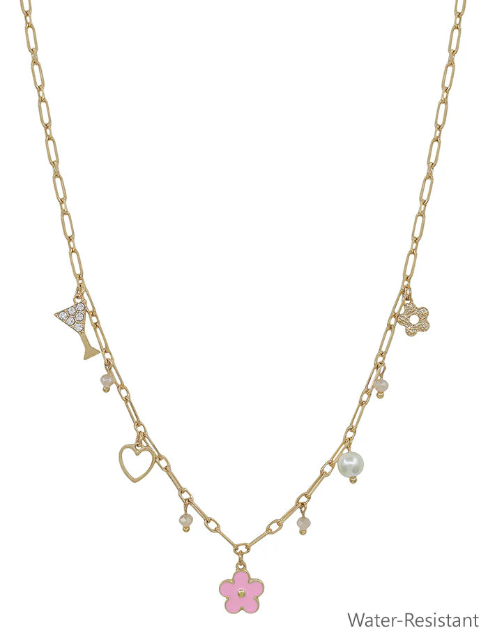 Water-Resistant Gold Chain Necklace with Pink and Gold Flower Charms (16"-18") – Pool and Beach Ready-Necklaces-Deja Nu Tx-Deja Nu Boutique, Women's Fashion Boutique in Lampasas, Texas