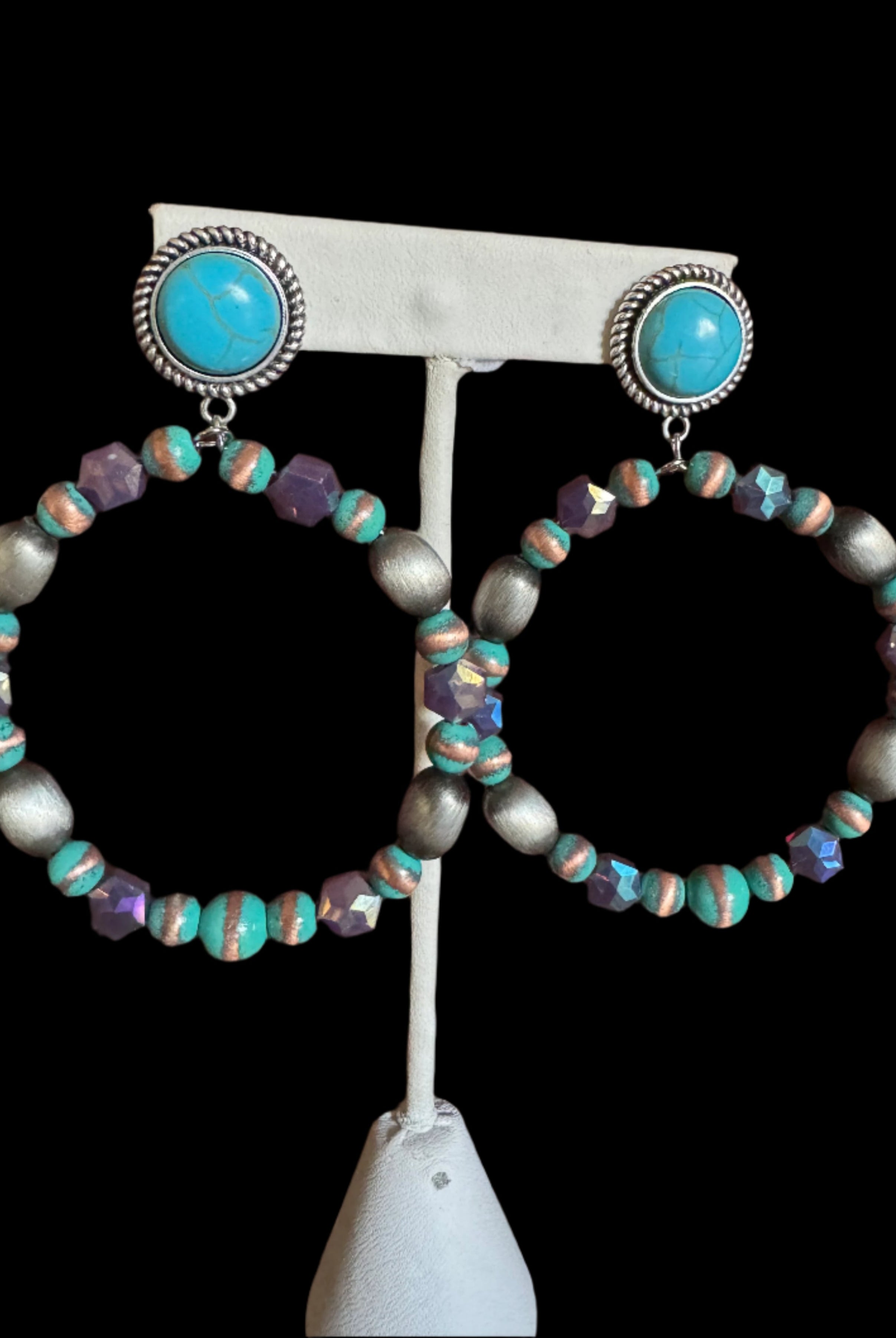 Western Beaded Hoop Earrings with Turquoise Stud – Green or Purple Mix-Earrings-Deja Nu Tx-Deja Nu Boutique, Women's Fashion Boutique in Lampasas, Texas