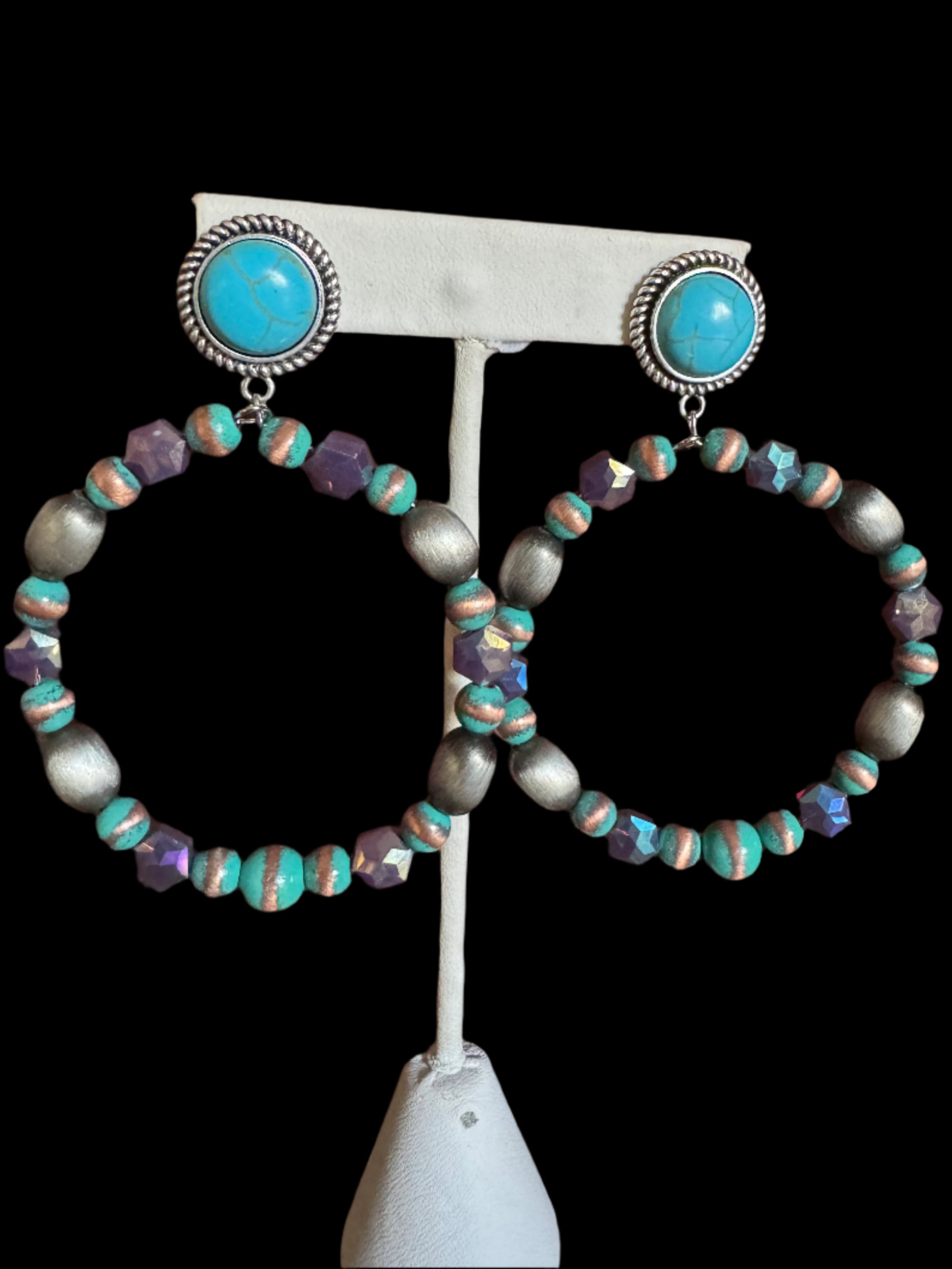 Western Beaded Hoop Earrings with Turquoise Stud – Green or Purple Mix-Earrings-Deja Nu Tx-Deja Nu Boutique, Women's Fashion Boutique in Lampasas, Texas
