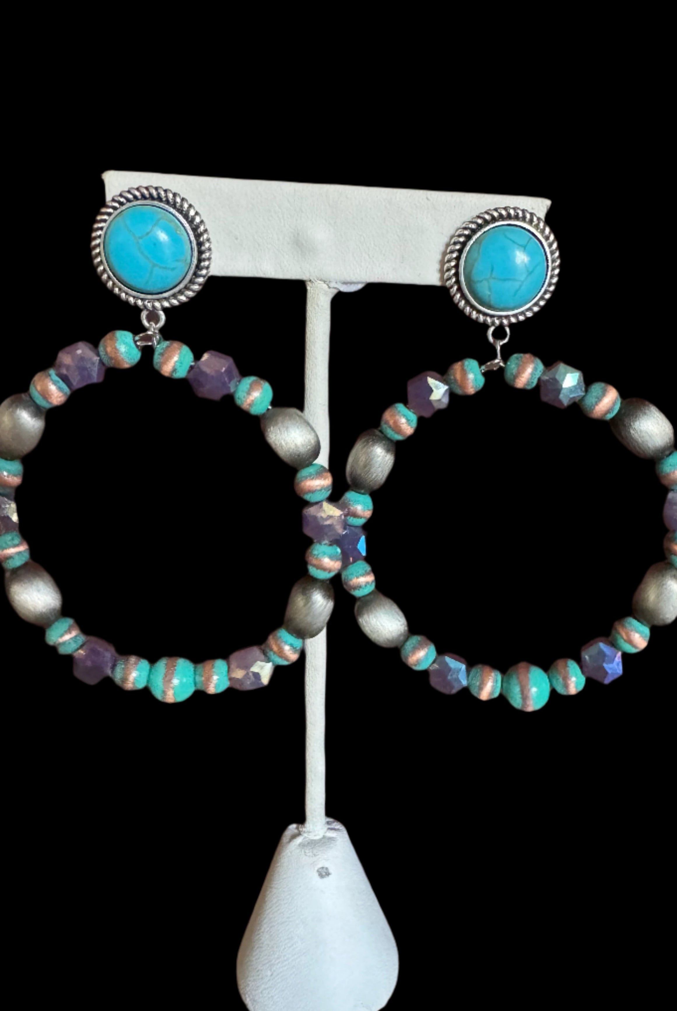 Western Beaded Hoop Earrings with Turquoise Stud – Green or Purple Mix-Earrings-Deja Nu Tx-Deja Nu Boutique, Women's Fashion Boutique in Lampasas, Texas