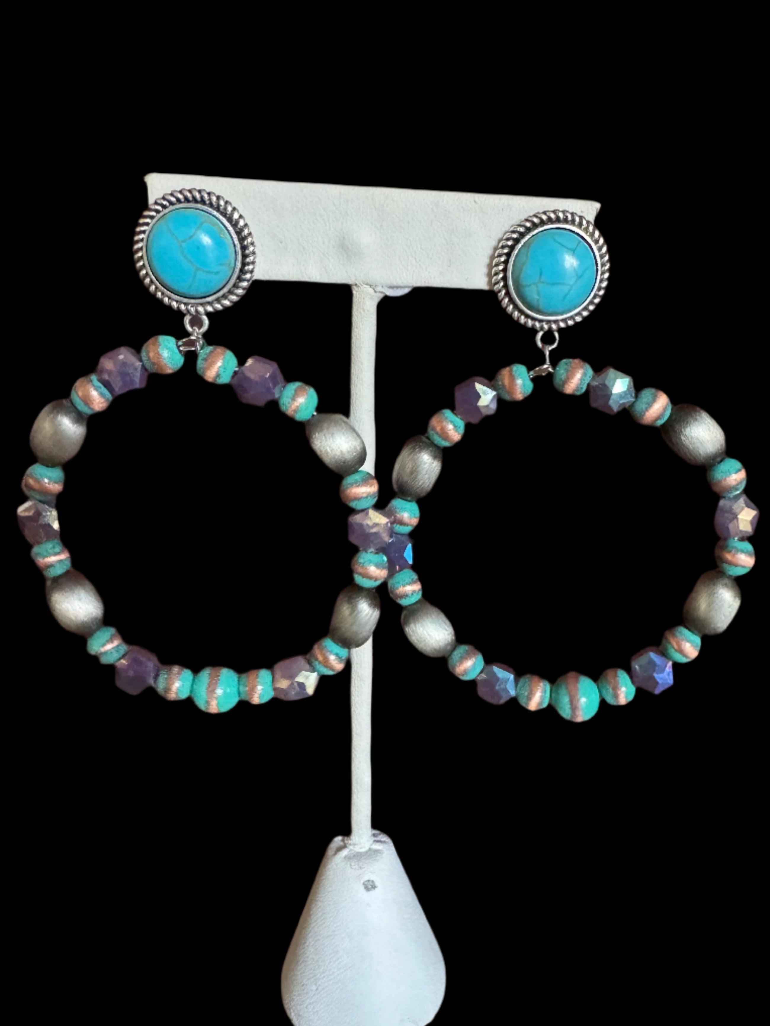 Western Beaded Hoop Earrings with Turquoise Stud – Green or Purple Mix-Earrings-Deja Nu Tx-Deja Nu Boutique, Women's Fashion Boutique in Lampasas, Texas