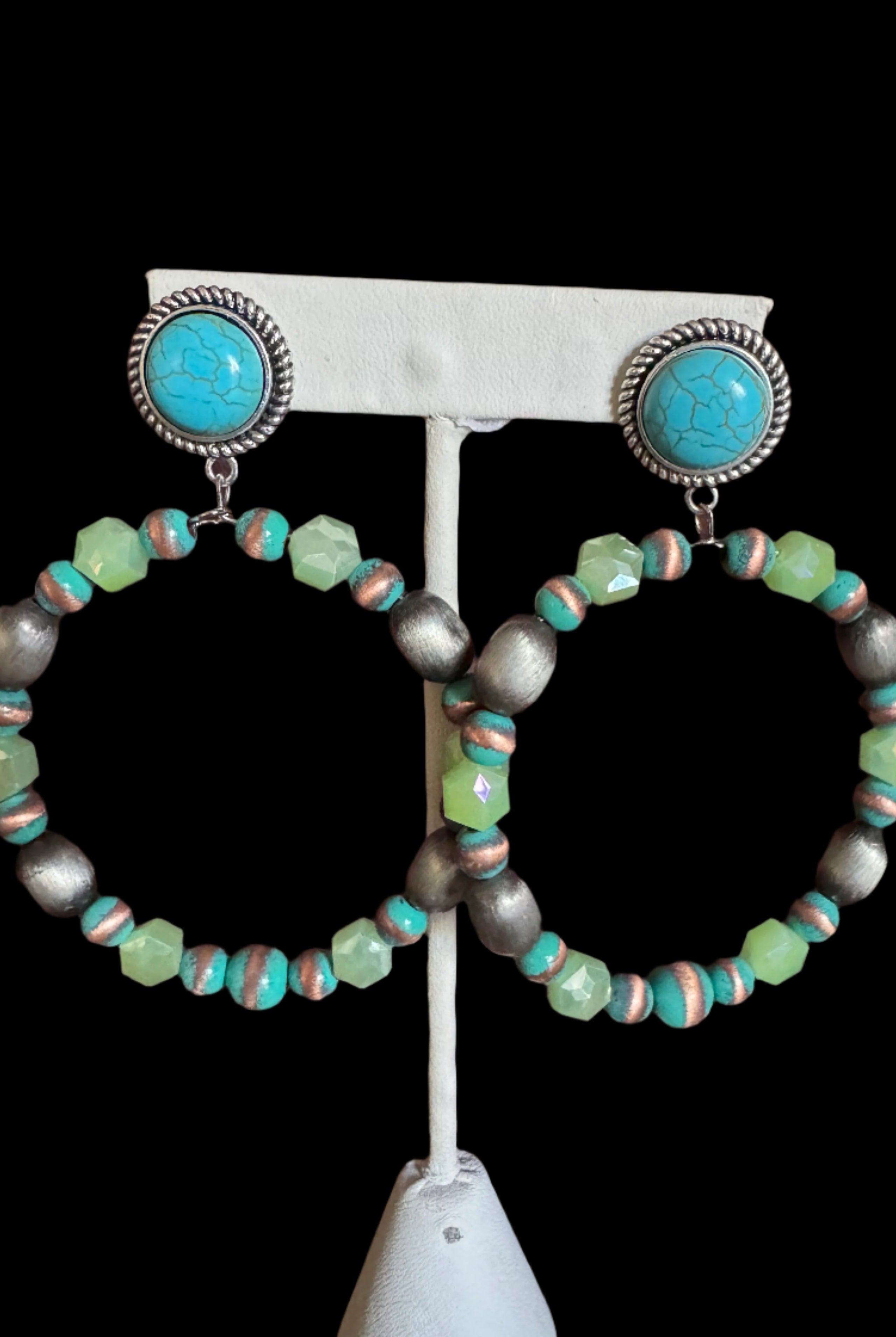 Western Beaded Hoop Earrings with Turquoise Stud – Green or Purple Mix-Earrings-Deja Nu Tx-Deja Nu Boutique, Women's Fashion Boutique in Lampasas, Texas
