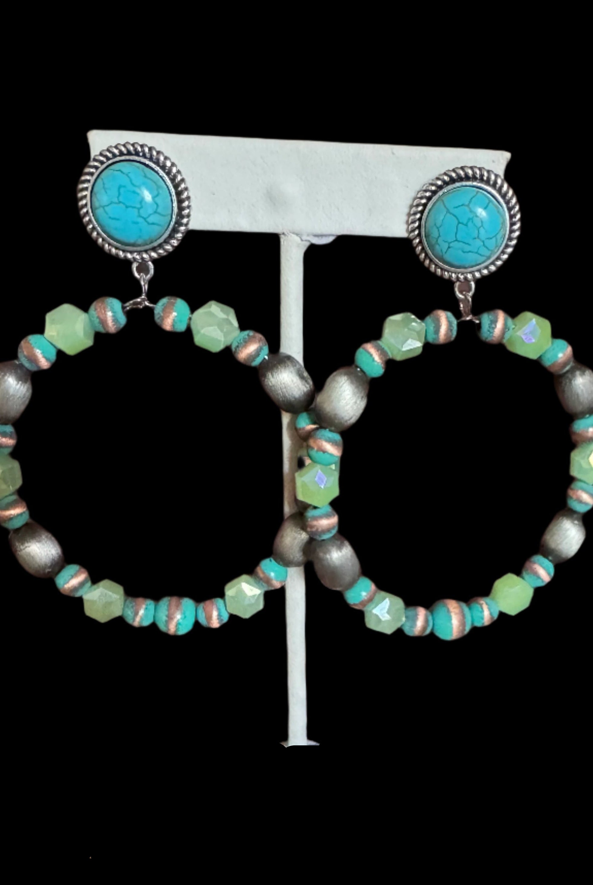 Western Beaded Hoop Earrings with Turquoise Stud – Green or Purple Mix-Earrings-Deja Nu Tx-Deja Nu Boutique, Women's Fashion Boutique in Lampasas, Texas