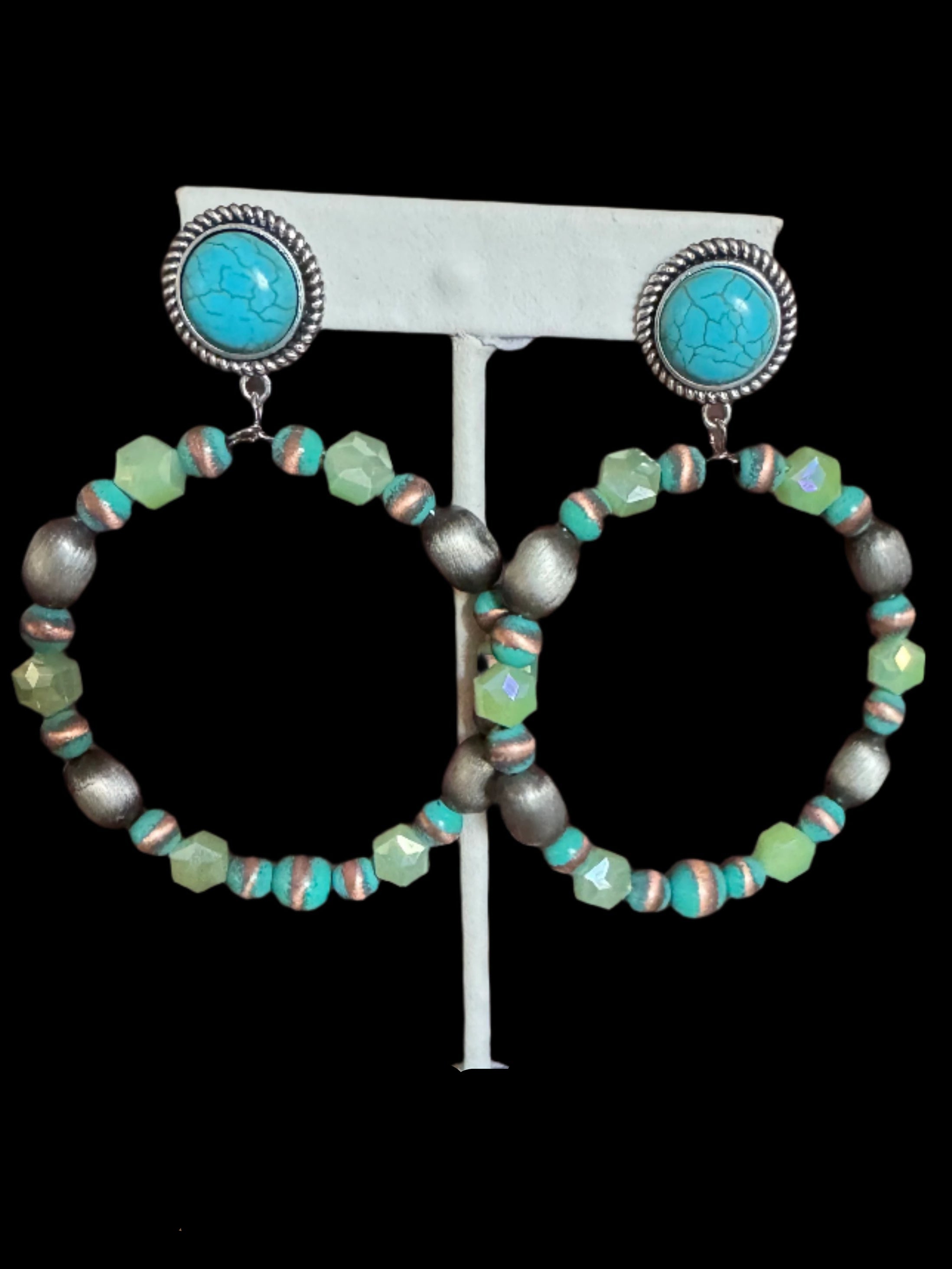 Western Beaded Hoop Earrings with Turquoise Stud – Green or Purple Mix-Earrings-Deja Nu Tx-Deja Nu Boutique, Women's Fashion Boutique in Lampasas, Texas