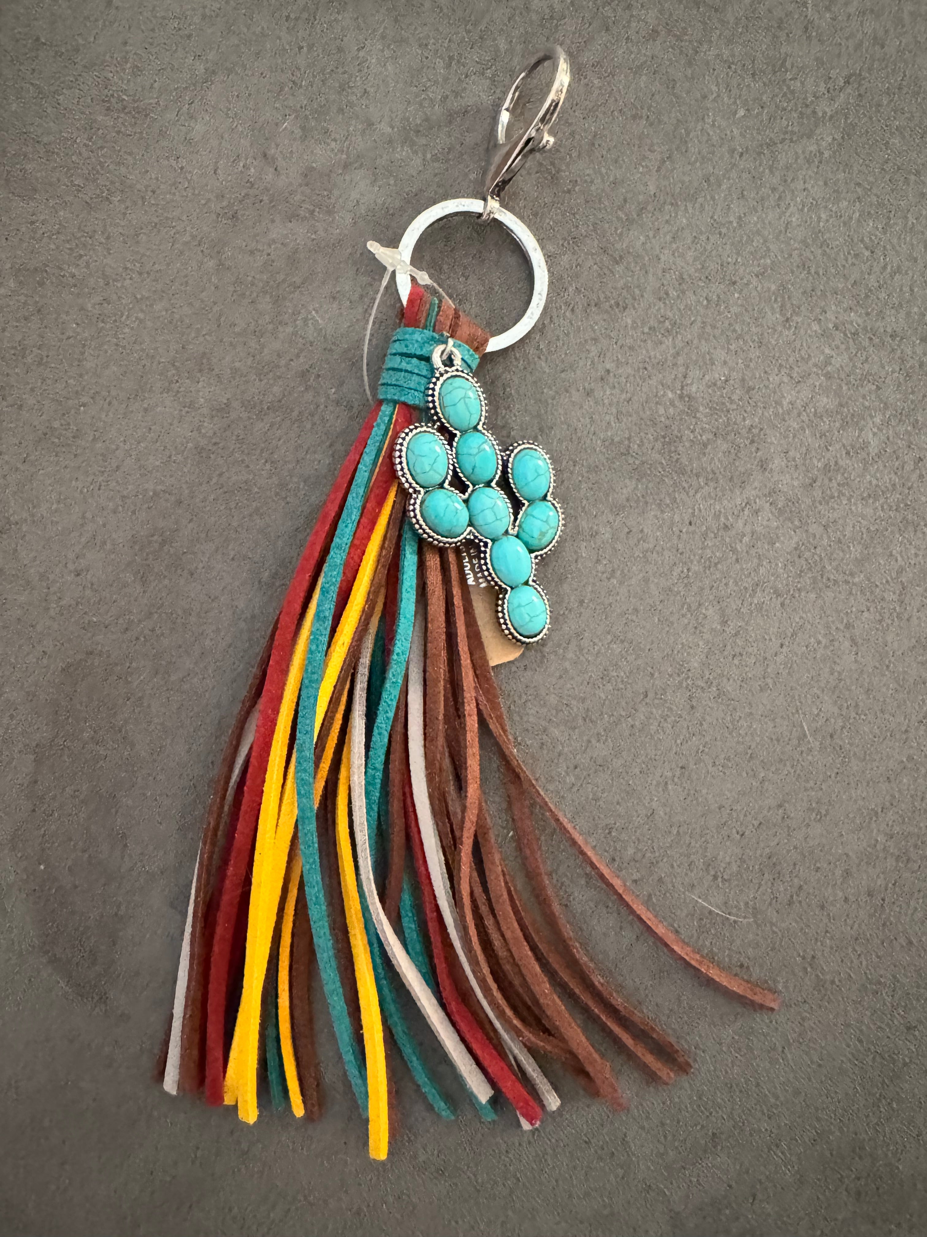 Western Fringe Purse Charm – Multicolor Tassel with Turquoise Accent (Cactus & Teardrop)-Handbags, Wallets & Cases-Deja Nu Tx-Deja Nu Boutique, Women's Fashion Boutique in Lampasas, Texas