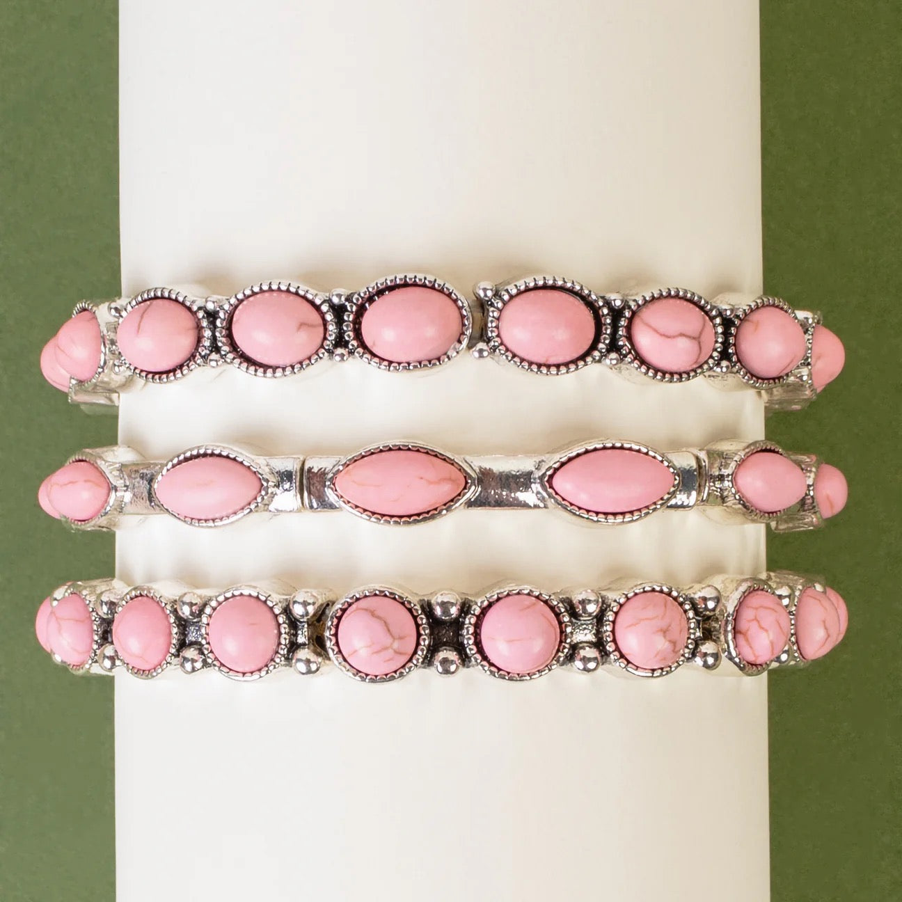 Western Stone-Accented Silver Bangle Bracelets - Pink or Turquoise (Set of 3)-Bracelets-Deja Nu Tx-Deja Nu Boutique, Women's Fashion Boutique in Lampasas, Texas