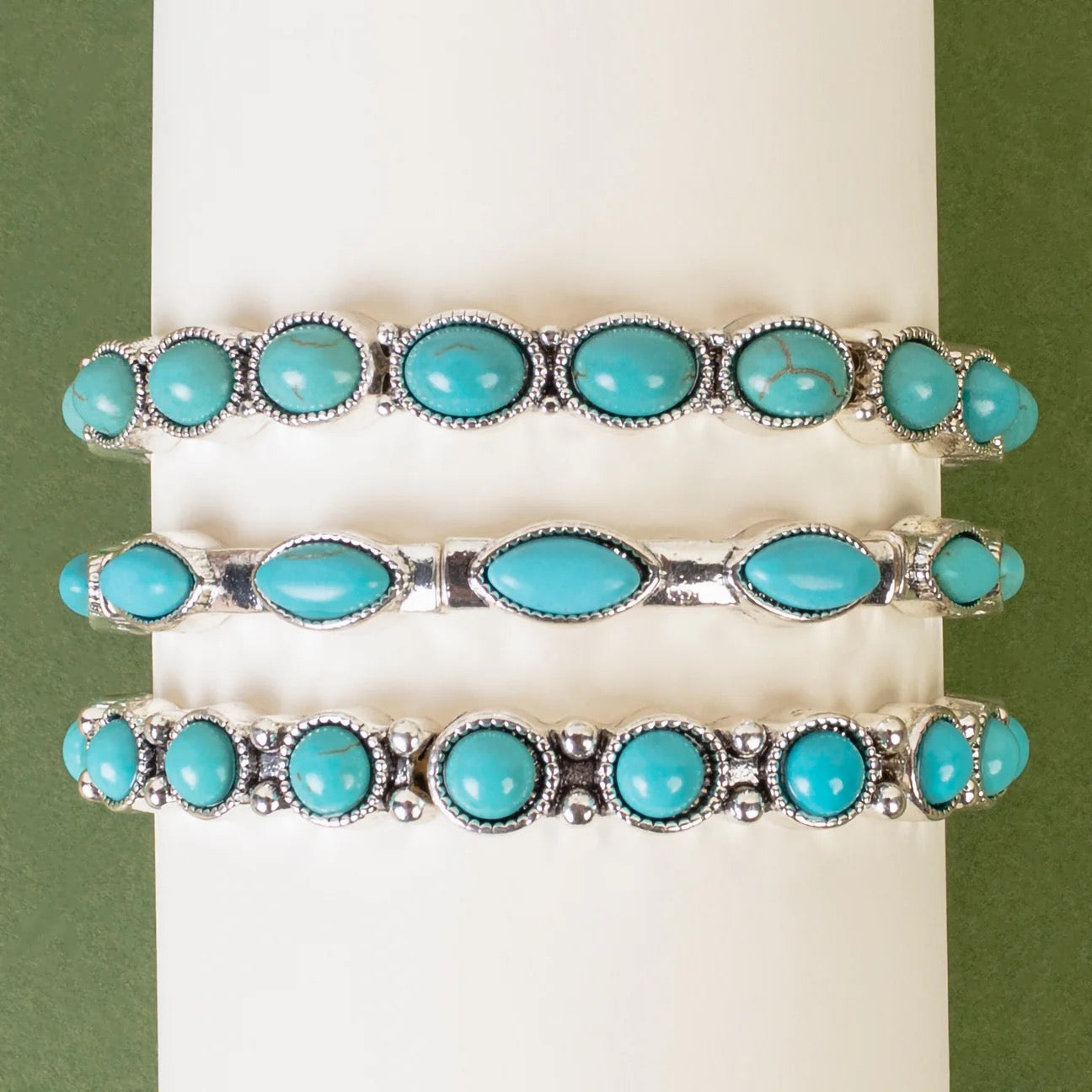 Western Stone-Accented Silver Bangle Bracelets - Pink or Turquoise (Set of 3)-Bracelets-Deja Nu Tx-Deja Nu Boutique, Women's Fashion Boutique in Lampasas, Texas