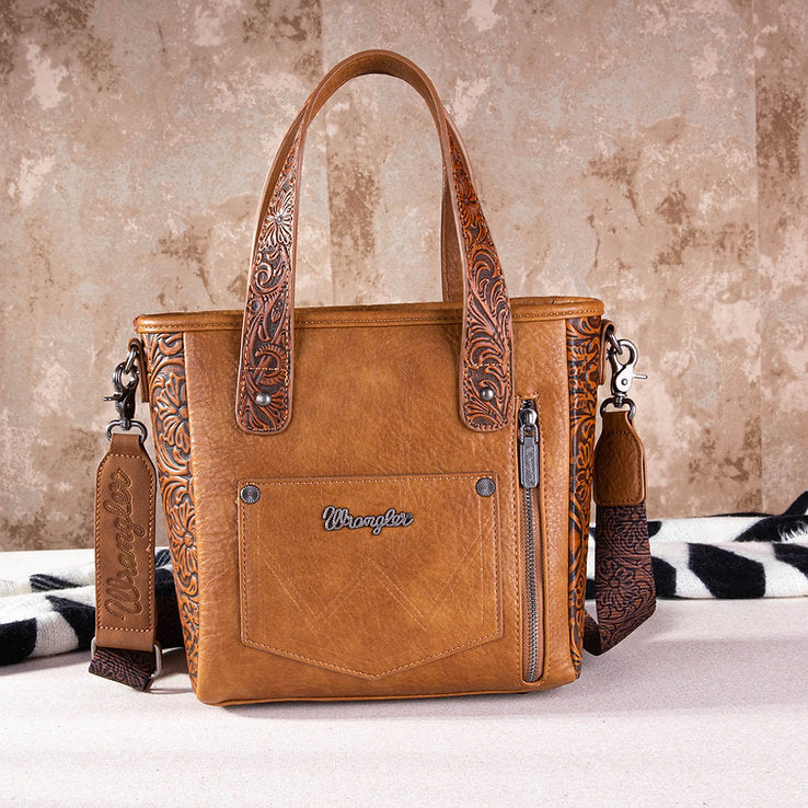 WG66-G2002 Wrangler Hair-On Cowhide Vintage Floral Concealed Carry Tote/Crossbody - Brown-Handbags, Wallets & Cases-Wrangler-Deja Nu Boutique, Women's Fashion Boutique in Lampasas, Texas