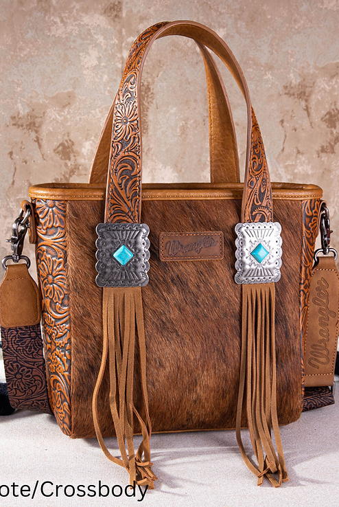 WG66-G2002 Wrangler Hair-On Cowhide Vintage Floral Concealed Carry Tote/Crossbody - Brown-Handbags, Wallets & Cases-Wrangler-Deja Nu Boutique, Women's Fashion Boutique in Lampasas, Texas