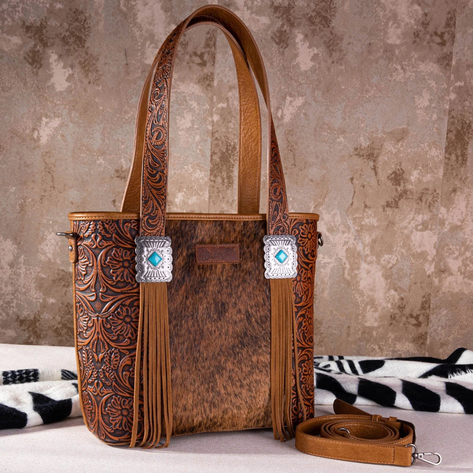 WG66-G2002 Wrangler Hair-On Cowhide Vintage Floral Concealed Carry Tote/Crossbody - Brown-Handbags, Wallets & Cases-Wrangler-Deja Nu Boutique, Women's Fashion Boutique in Lampasas, Texas