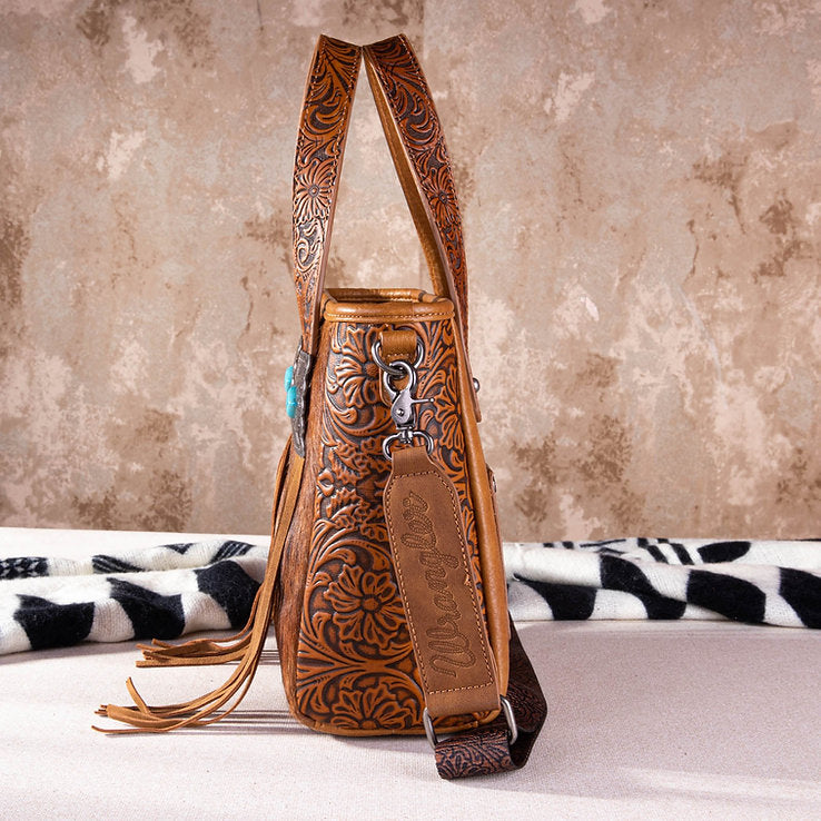 WG66-G2002 Wrangler Hair-On Cowhide Vintage Floral Concealed Carry Tote/Crossbody - Brown-Handbags, Wallets & Cases-Wrangler-Deja Nu Boutique, Women's Fashion Boutique in Lampasas, Texas