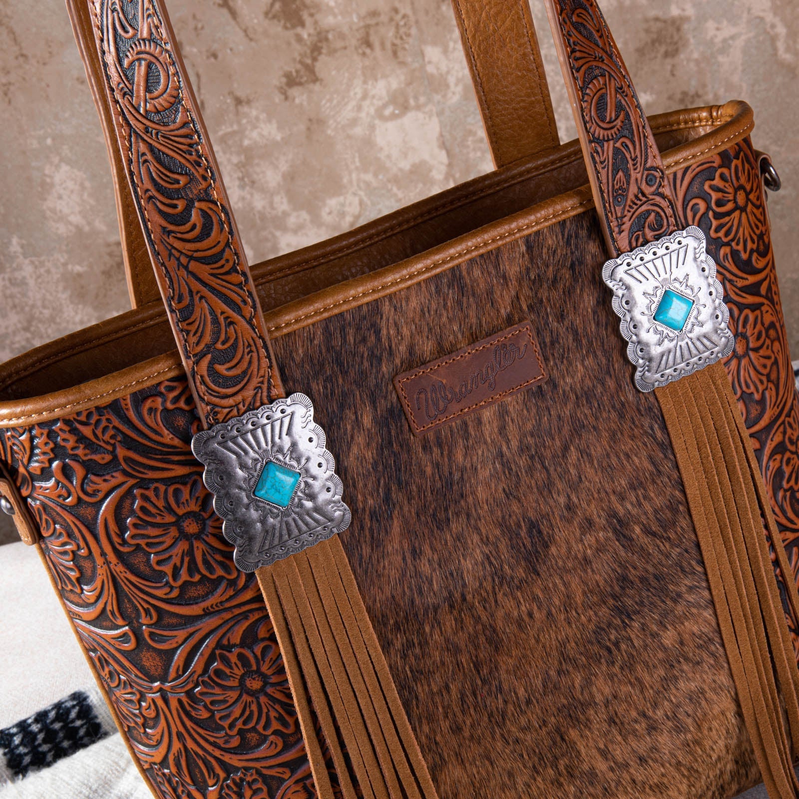 WG66-G2002 Wrangler Hair-On Cowhide Vintage Floral Concealed Carry Tote/Crossbody - Brown-Handbags, Wallets & Cases-Wrangler-Deja Nu Boutique, Women's Fashion Boutique in Lampasas, Texas
