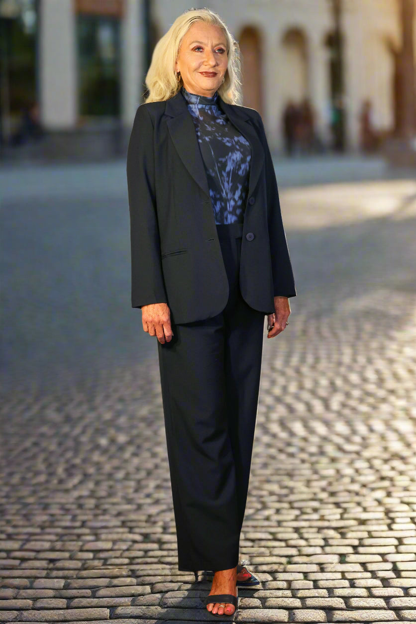 Wild Pony Navy Crepe Blazer-Blazers-Wild Pony-Deja Nu Boutique, Women's Fashion Boutique in Lampasas, Texas