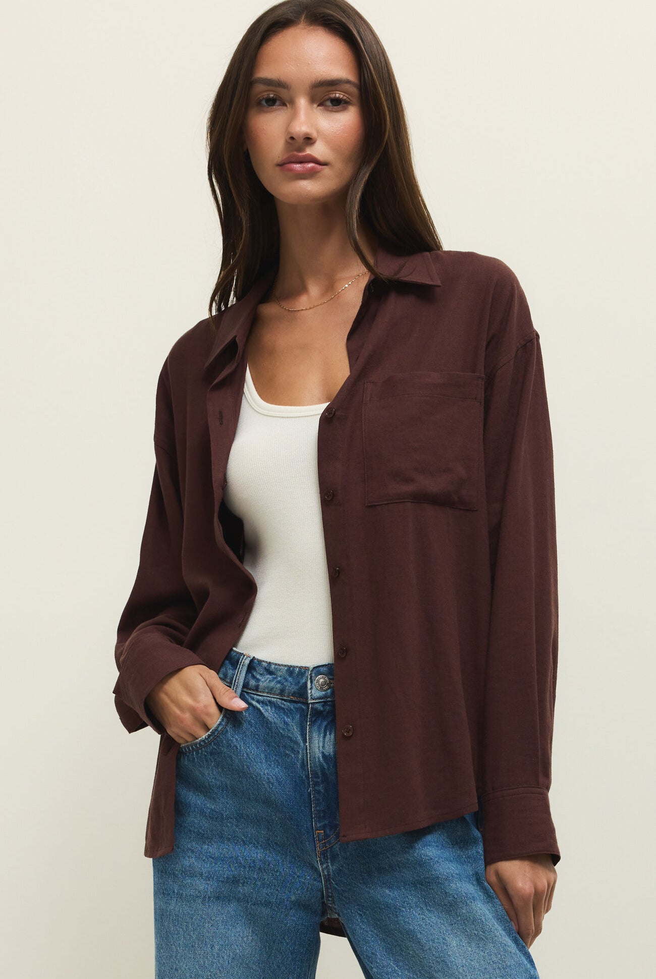 Z SUPPLY Alfie Button Up Shirt in Chocolate Cherry-shirts-Z Supply-Deja Nu Boutique, Women's Fashion Boutique in Lampasas, Texas