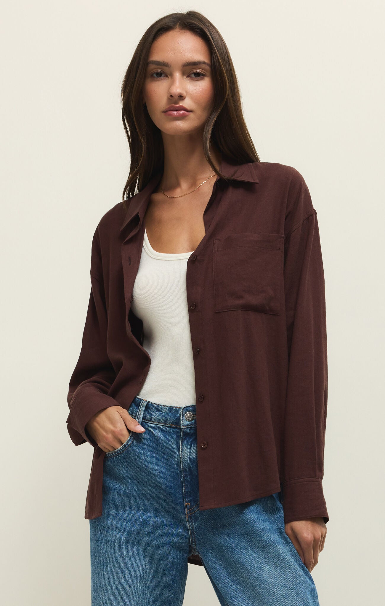 Z SUPPLY Alfie Button Up Shirt in Chocolate Cherry-shirts-Z Supply-Deja Nu Boutique, Women's Fashion Boutique in Lampasas, Texas