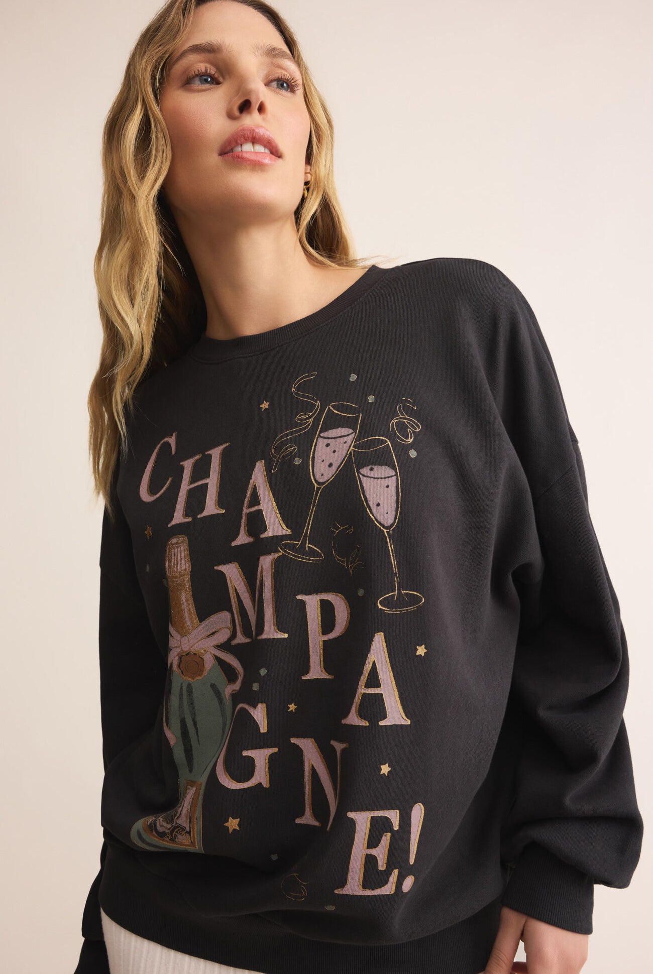 Z Supply Lounge Celebrate Sunday Sweatshirt In Black Sand-sweatshirt-Z Supply Lounge-Deja Nu Boutique, Women's Fashion Boutique in Lampasas, Texas