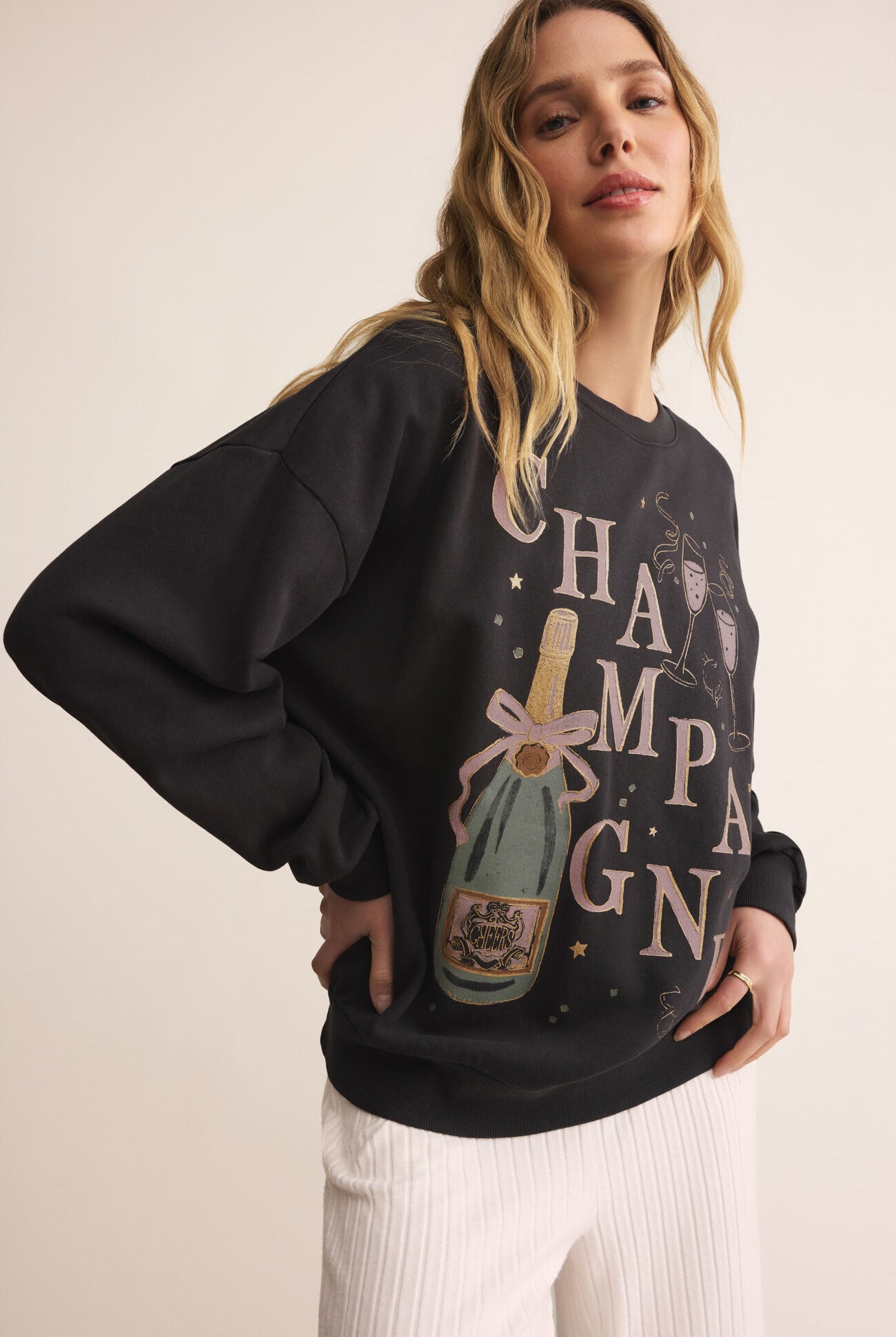 Z Supply Lounge Celebrate Sunday Sweatshirt In Black Sand-sweatshirt-Z Supply Lounge-Deja Nu Boutique, Women's Fashion Boutique in Lampasas, Texas