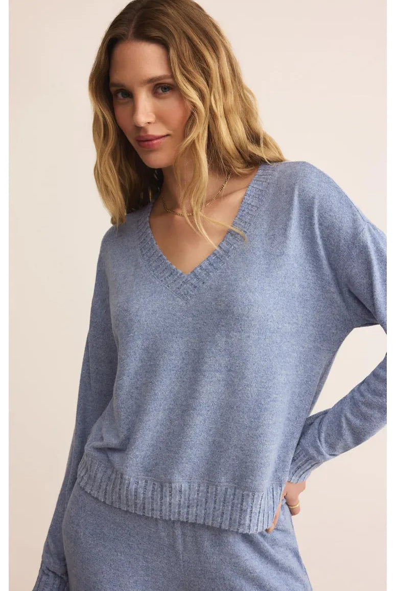 Z Supply Lounge Courtney Long Sleeve Top in Blue Velvet-Tops-Z Supply Lounge-Deja Nu Boutique, Women's Fashion Boutique in Lampasas, Texas