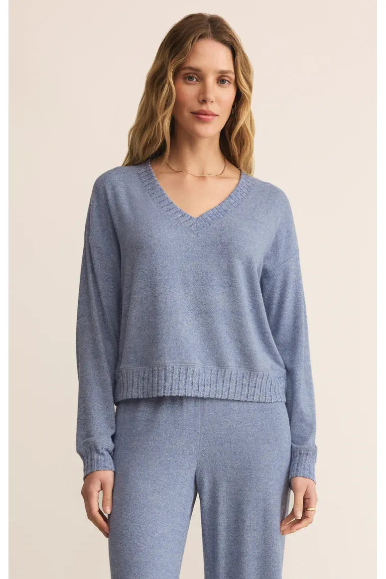 Z Supply Lounge Courtney Long Sleeve Top in Blue Velvet-Tops-Z Supply Lounge-Deja Nu Boutique, Women's Fashion Boutique in Lampasas, Texas