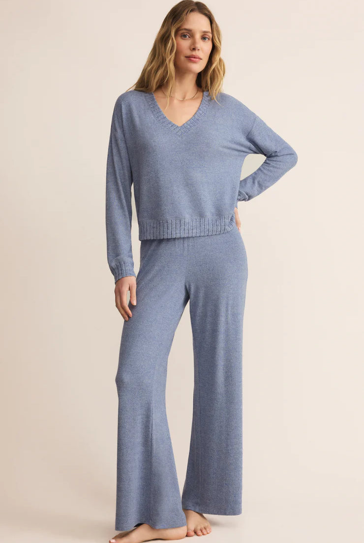 Z Supply Lounge Dawn Smocked Pant in Blue Velvet-Bottoms-Z Supply Lounge-Deja Nu Boutique, Women's Fashion Boutique in Lampasas, Texas