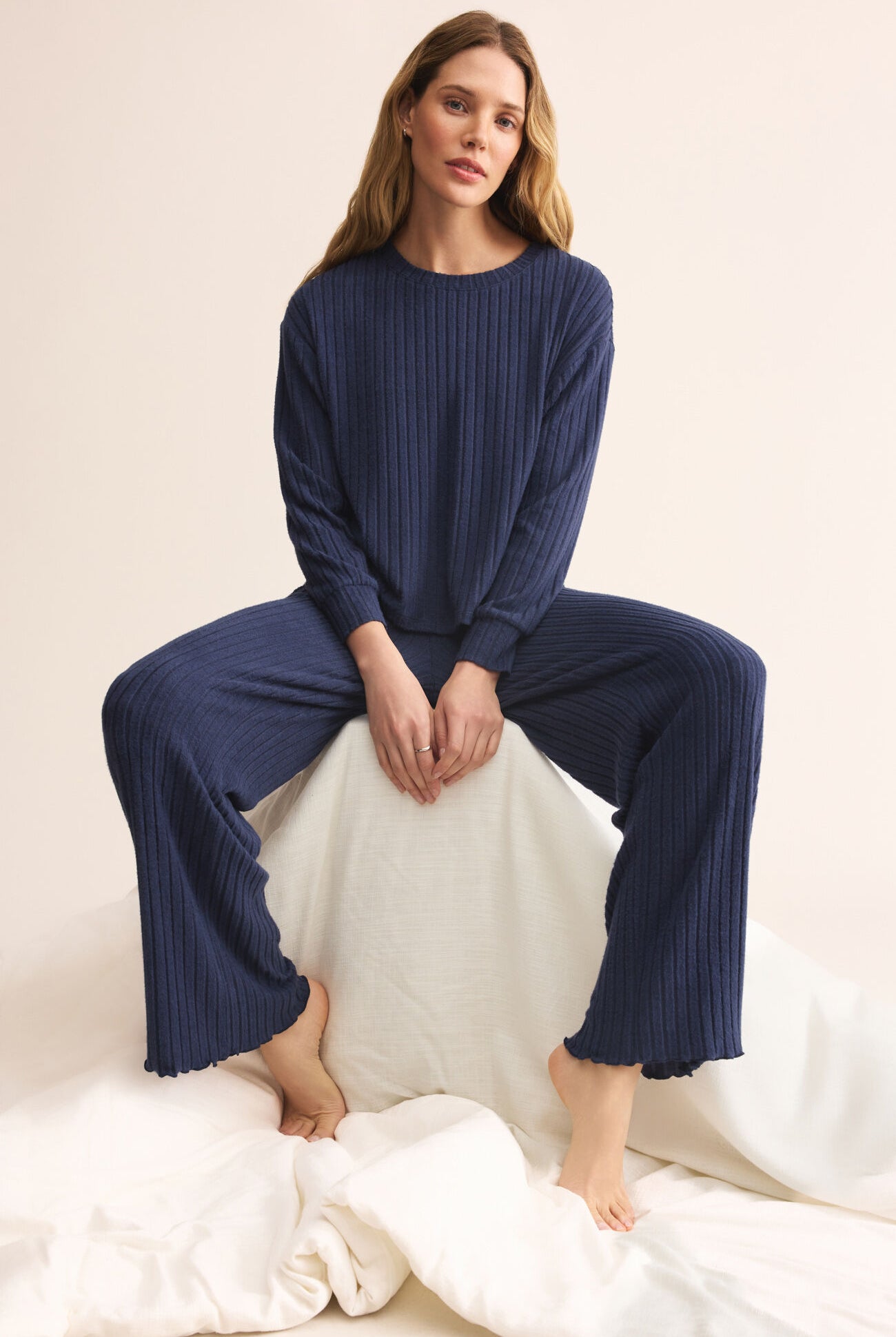 Z Supply Lounge Dawn Smocked Rib Pant in Blue Sapphire-Bottoms-Z Supply Lounge-Deja Nu Boutique, Women's Fashion Boutique in Lampasas, Texas