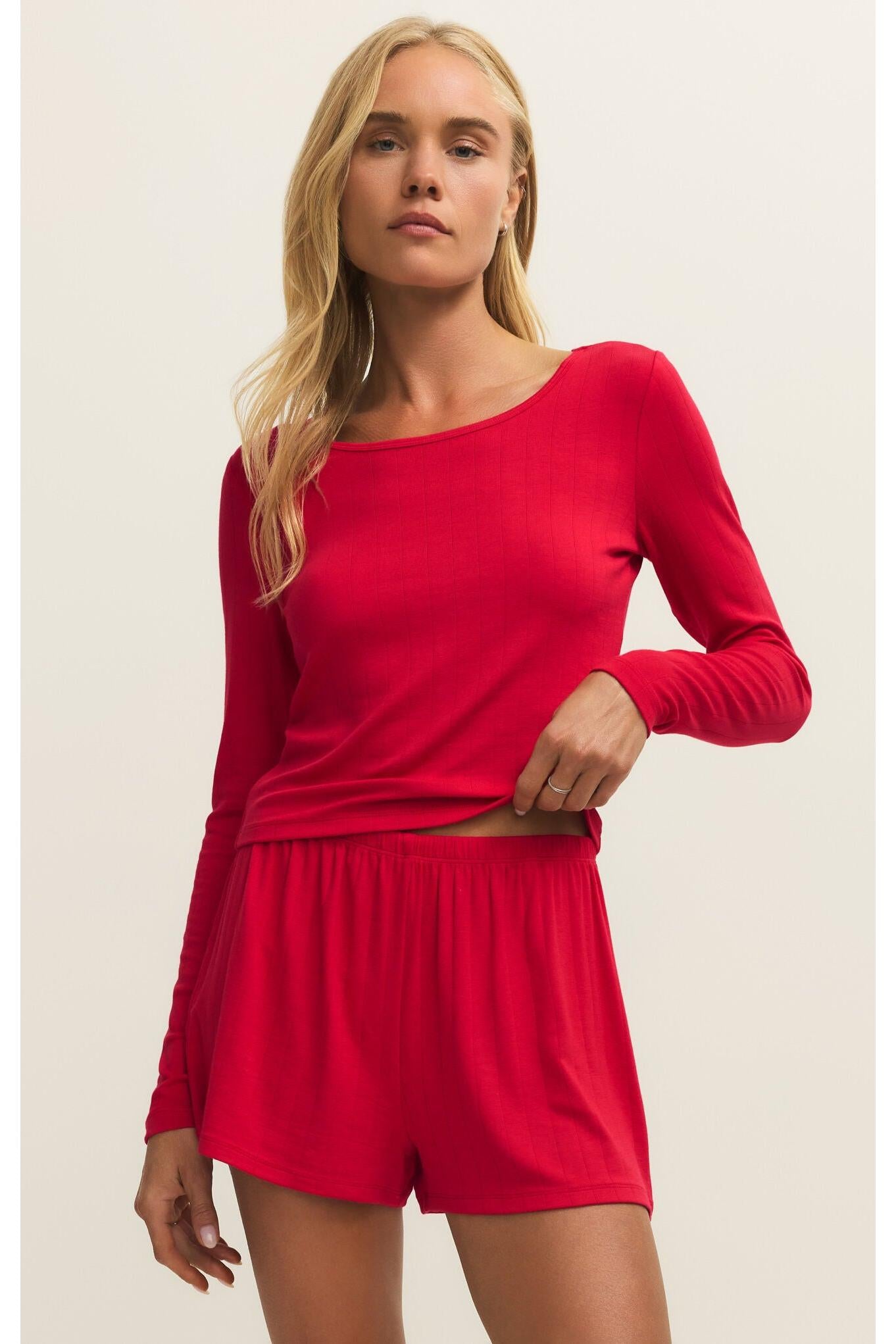 Z Supply Lounge Felt Cute Long Sleeve Rib Top in Kiss Me Red-Tops-Z Supply Lounge-Deja Nu Boutique, Women's Fashion Boutique in Lampasas, Texas