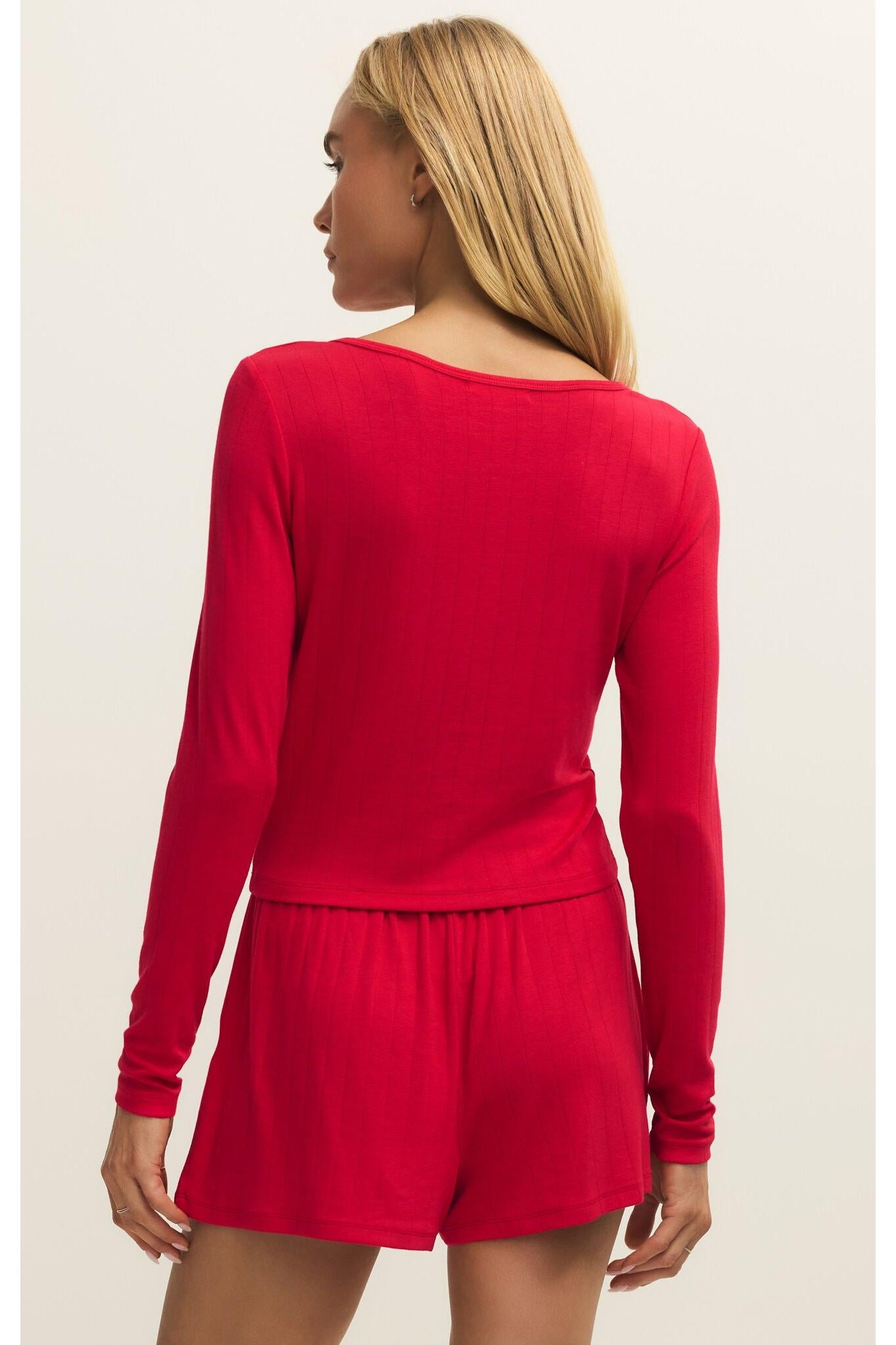Z Supply Lounge Felt Cute Long Sleeve Rib Top in Kiss Me Red-Tops-Z Supply Lounge-Deja Nu Boutique, Women's Fashion Boutique in Lampasas, Texas