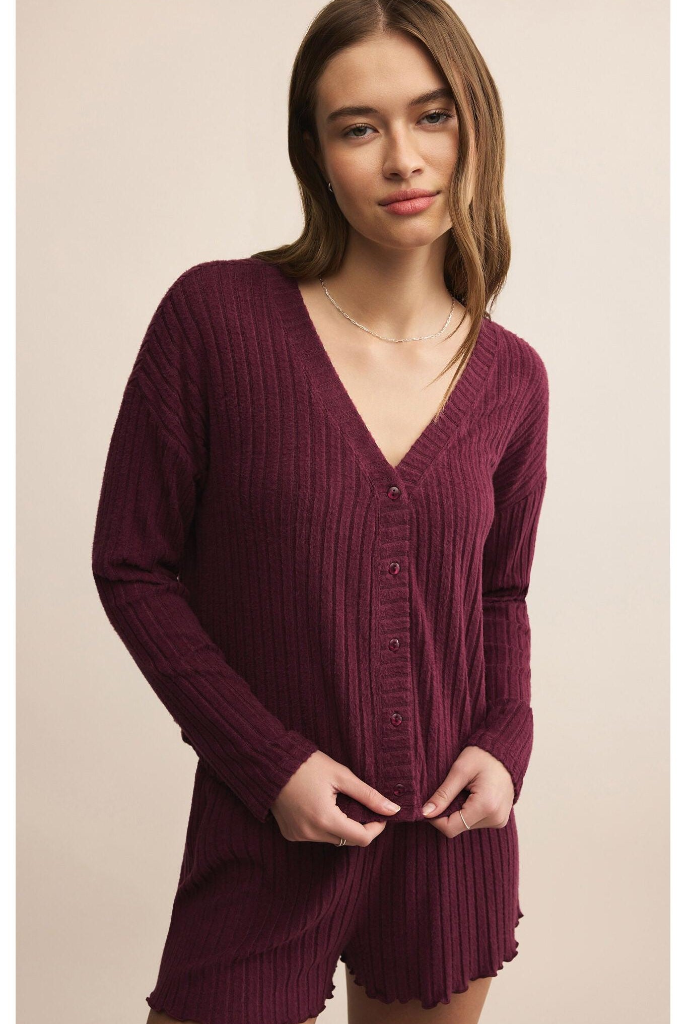 Z Supply Lounge Mara Silky Rib Cardigan in Merlot-Tops-Z Supply Lounge-Deja Nu Boutique, Women's Fashion Boutique in Lampasas, Texas