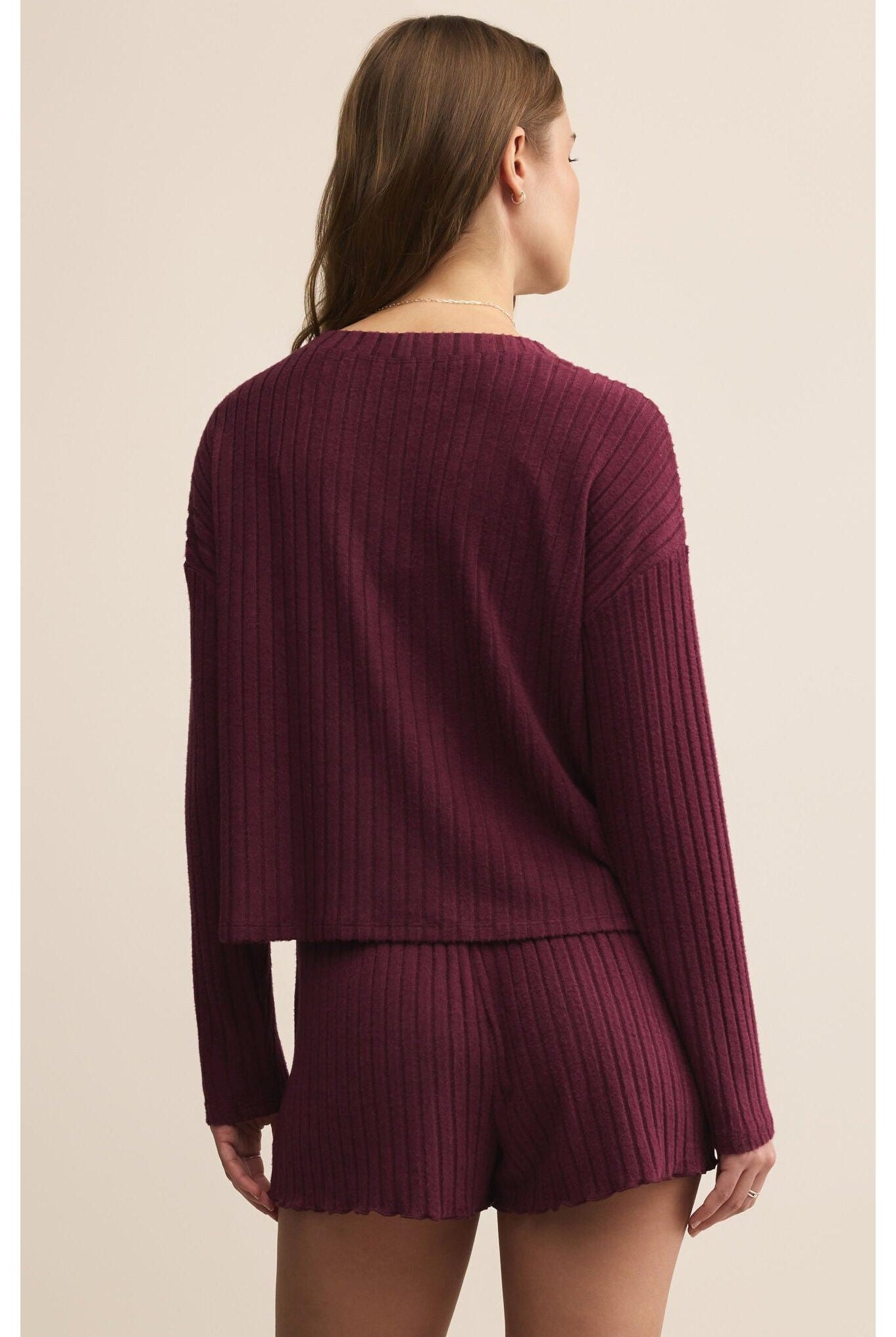Z Supply Lounge Mara Silky Rib Cardigan in Merlot-Tops-Z Supply Lounge-Deja Nu Boutique, Women's Fashion Boutique in Lampasas, Texas
