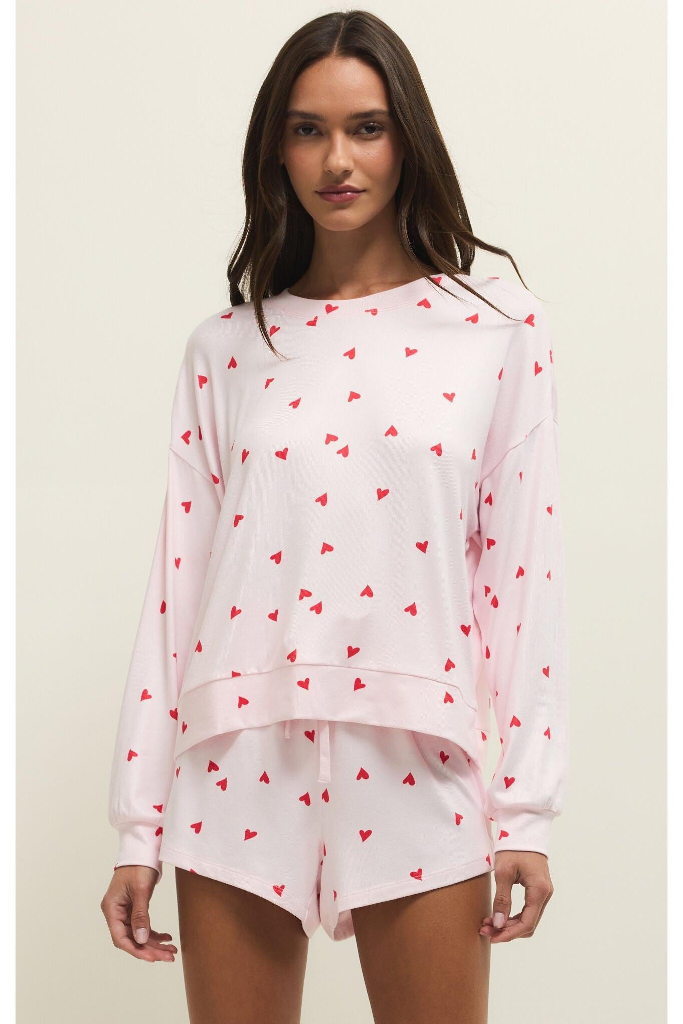 Z Supply Lounge Mira Heart Long Sleeve Top in Pink Marshmallow-Tops-Z Supply Lounge-Deja Nu Boutique, Women's Fashion Boutique in Lampasas, Texas
