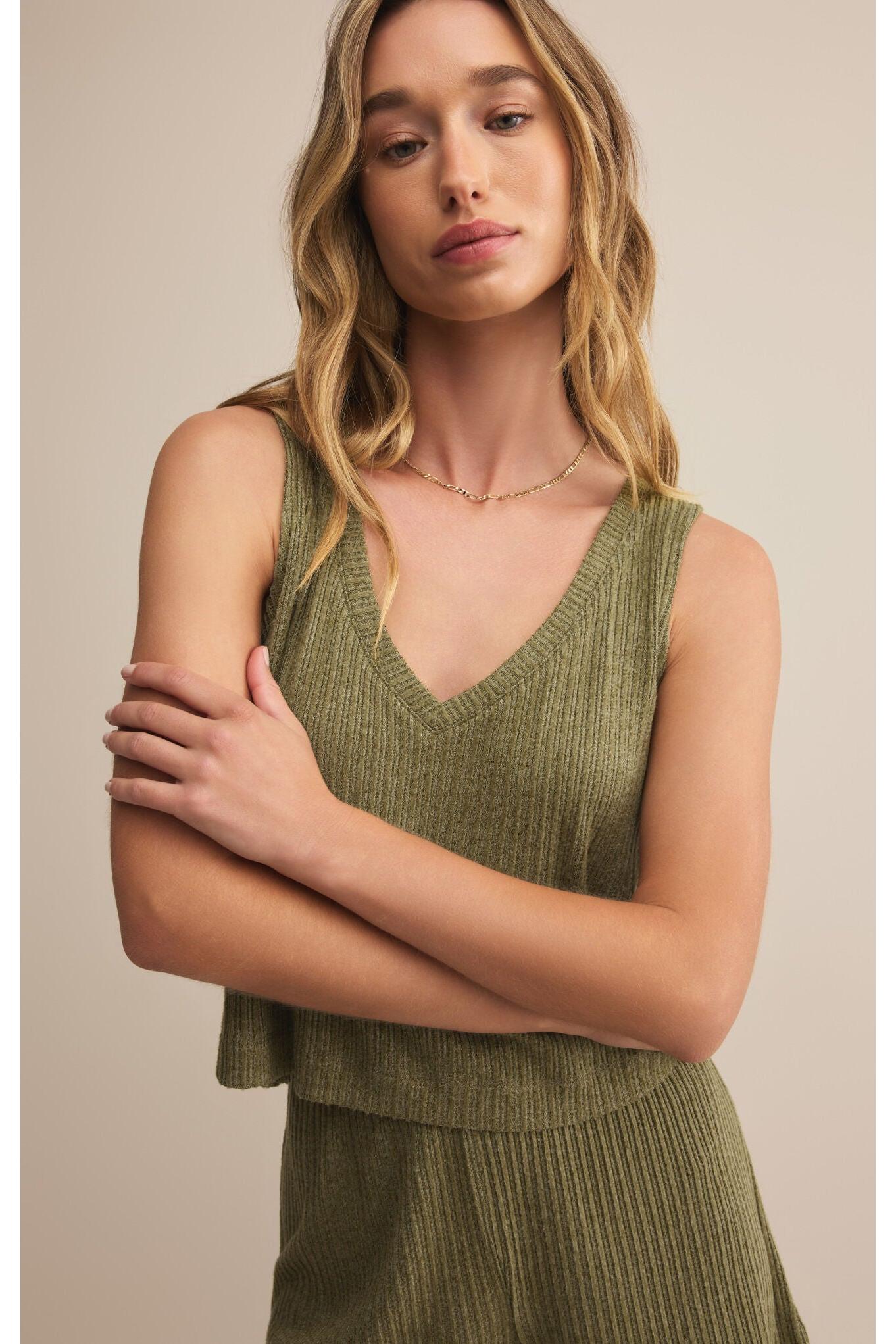 Z Supply Lounge Sloane V-Neck Rib Tank in Fern-Camis/Tanks-Z Supply Lounge-Deja Nu Boutique, Women's Fashion Boutique in Lampasas, Texas