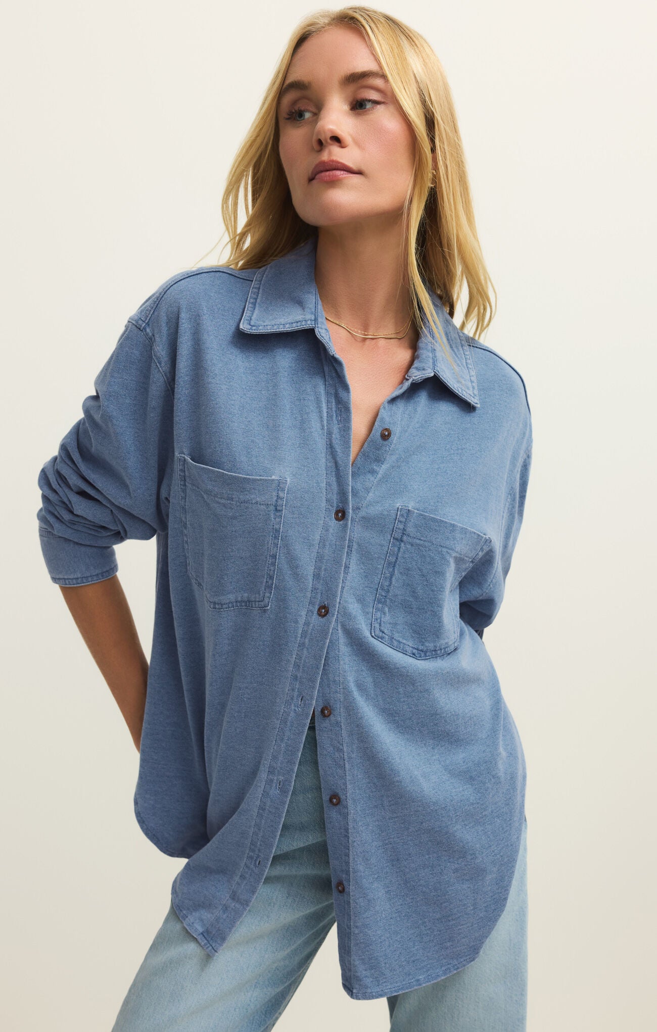 Z Supply Reese Jersey Denim Button Up In Santorini Indigo-shirts-Z Supply-Deja Nu Boutique, Women's Fashion Boutique in Lampasas, Texas