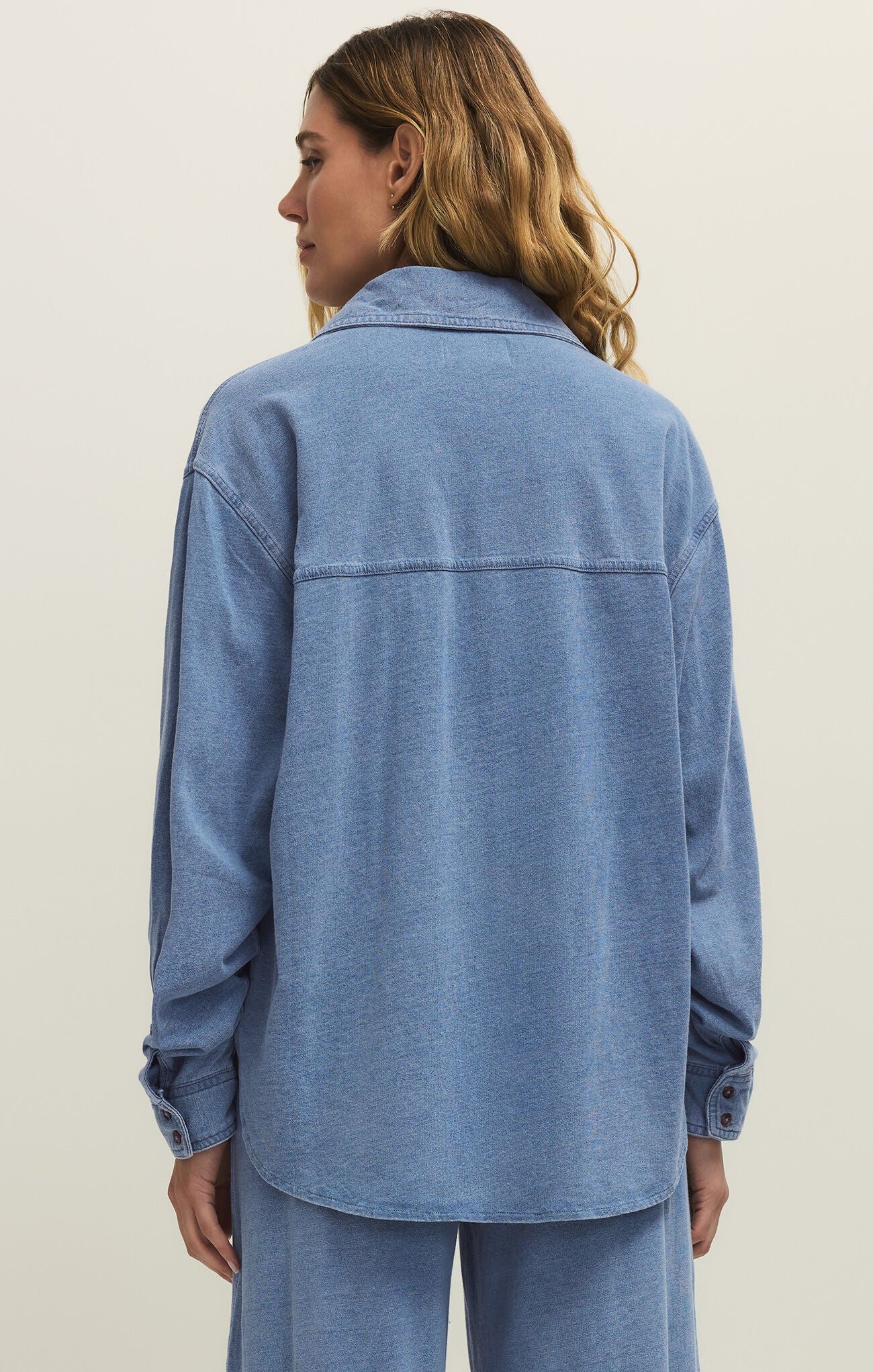 Z Supply Reese Jersey Denim Button Up In Santorini Indigo-shirts-Z Supply-Deja Nu Boutique, Women's Fashion Boutique in Lampasas, Texas