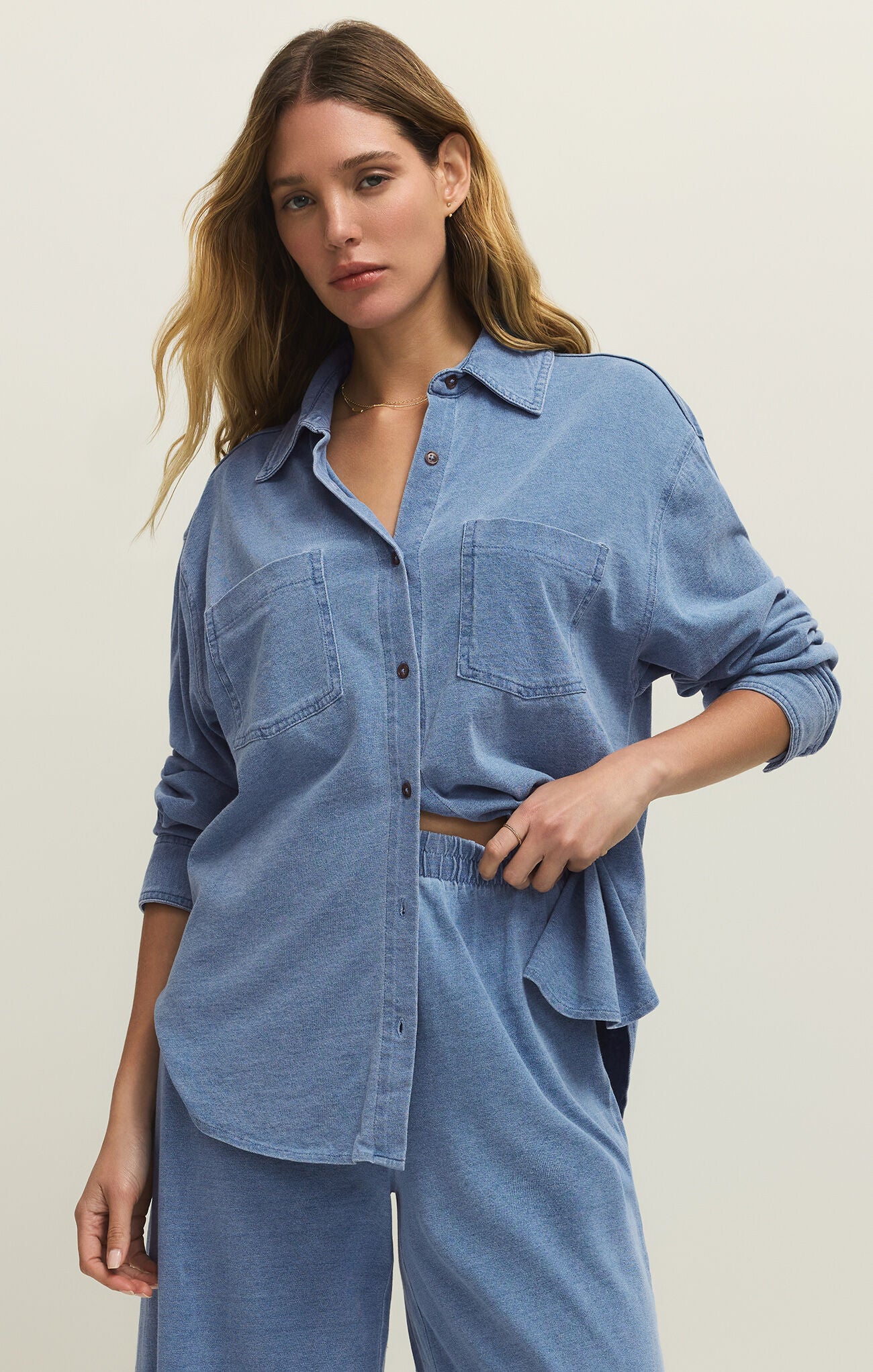Z Supply Reese Jersey Denim Button Up In Santorini Indigo-shirts-Z Supply-Deja Nu Boutique, Women's Fashion Boutique in Lampasas, Texas