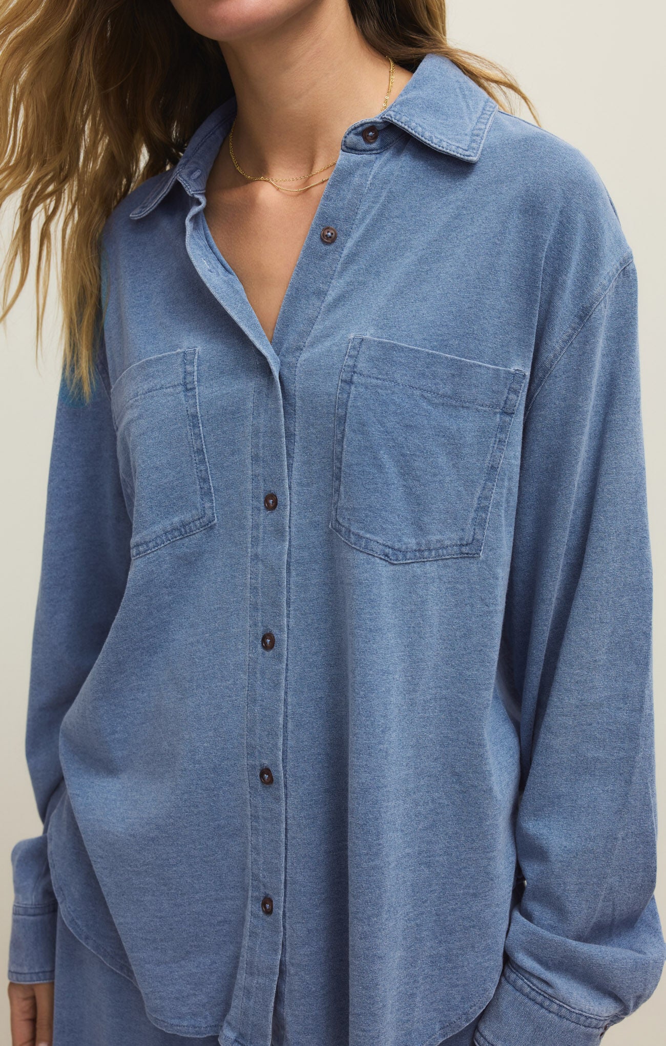 Z Supply Reese Jersey Denim Button Up In Santorini Indigo-shirts-Z Supply-Deja Nu Boutique, Women's Fashion Boutique in Lampasas, Texas