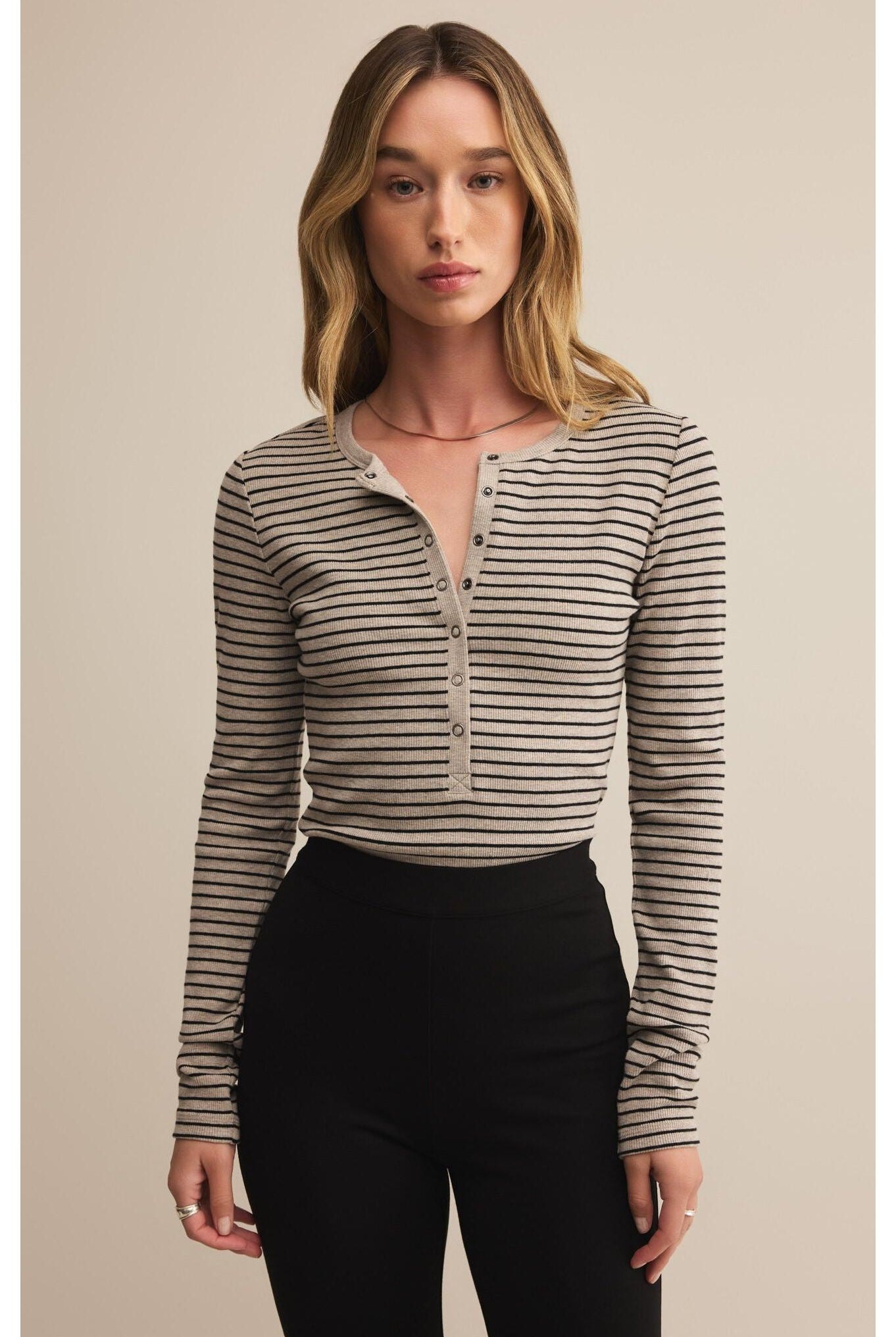 Z Supply Stella Stripe Modal Rib Henley in Heather Taupe-Tops-Z Supply-Deja Nu Boutique, Women's Fashion Boutique in Lampasas, Texas