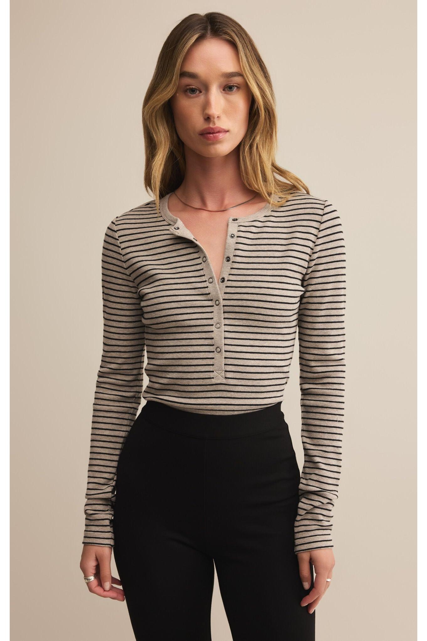 Z Supply Stella Stripe Modal Rib Henley in Heather Taupe-Tops-Z Supply-Deja Nu Boutique, Women's Fashion Boutique in Lampasas, Texas