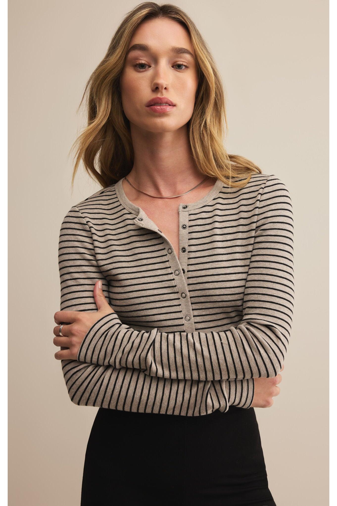 Z Supply Stella Stripe Modal Rib Henley in Heather Taupe-Tops-Z Supply-Deja Nu Boutique, Women's Fashion Boutique in Lampasas, Texas