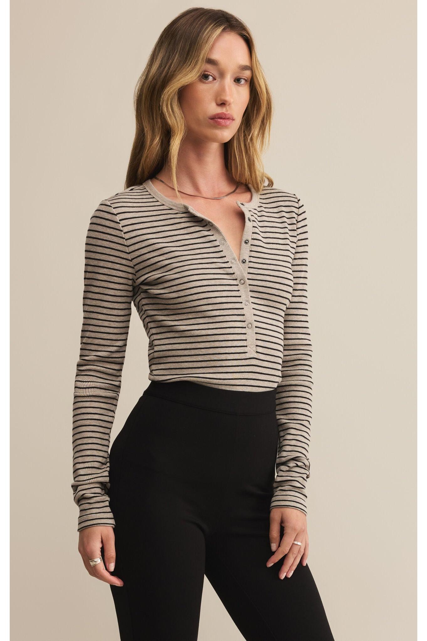 Z Supply Stella Stripe Modal Rib Henley in Heather Taupe-Tops-Z Supply-Deja Nu Boutique, Women's Fashion Boutique in Lampasas, Texas