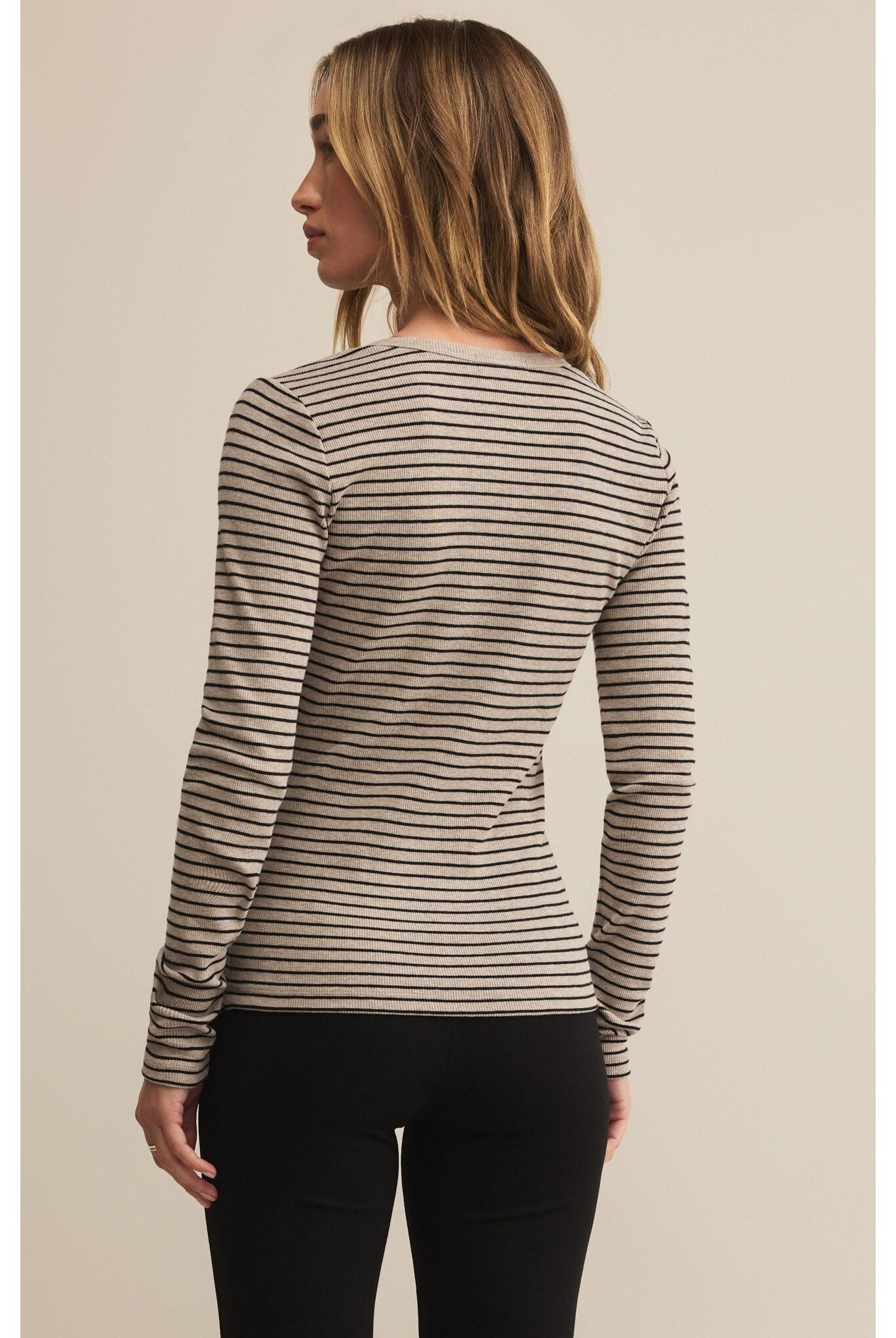 Z Supply Stella Stripe Modal Rib Henley in Heather Taupe-Tops-Z Supply-Deja Nu Boutique, Women's Fashion Boutique in Lampasas, Texas