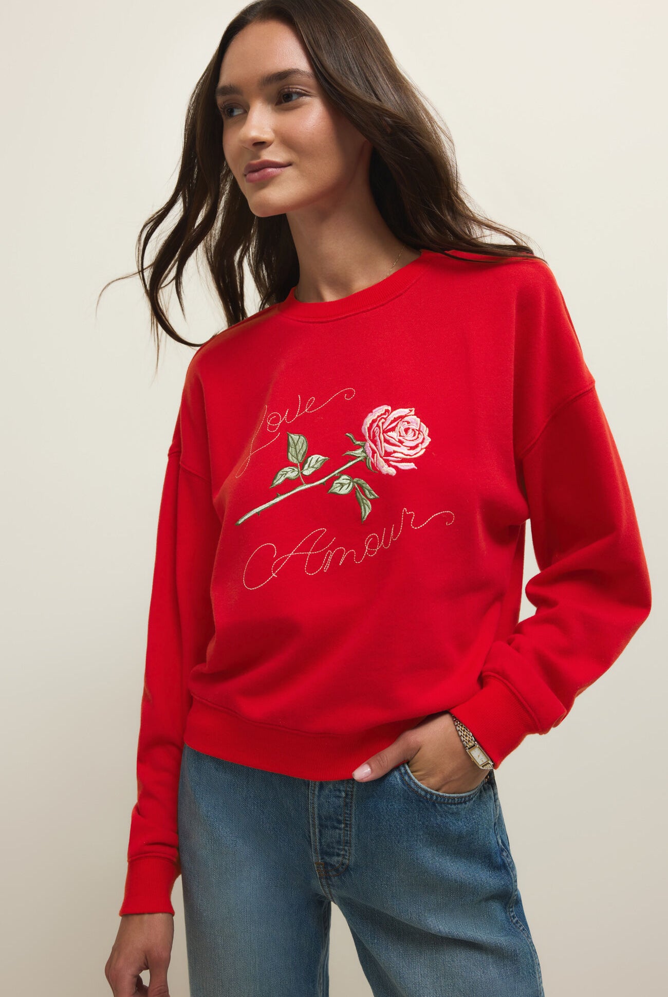 Z SUPPLY First Date Sweatshirt in Kiss Me Red (ZT261450)-sweatshirt-Z Supply-Deja Nu Boutique, Women's Fashion Boutique in Lampasas, Texas