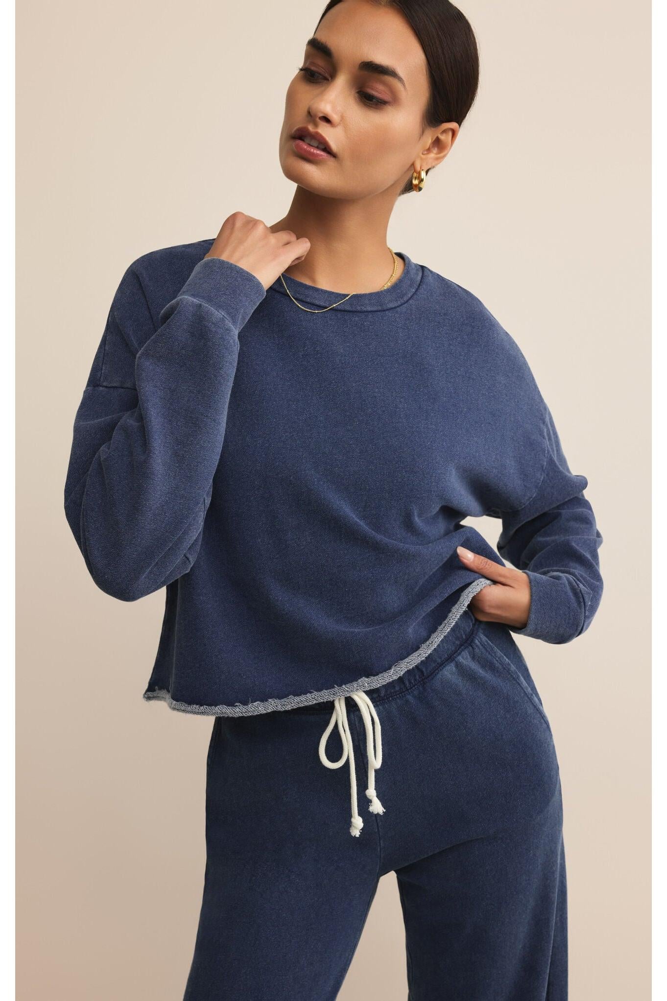 Z Supply Circuit Knit Denim Sweatshirt in Indigo-Tops-Z Supply-Deja Nu Boutique, Women's Fashion Boutique in Lampasas, Texas