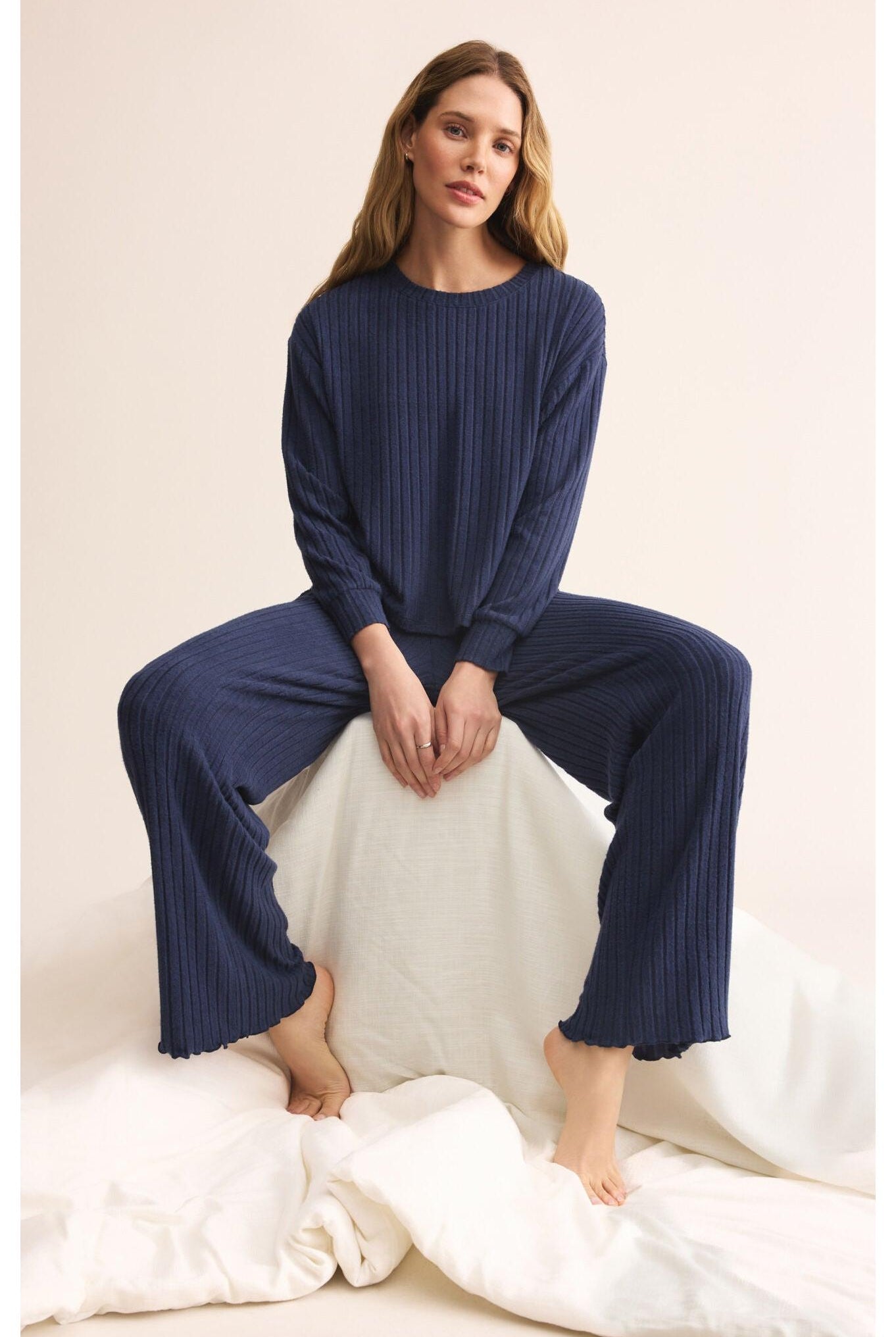 Z Supply Lounge Elfie Rib Long Sleeve Top in Blue Sapphire-Tops-Z Supply Lounge-Deja Nu Boutique, Women's Fashion Boutique in Lampasas, Texas