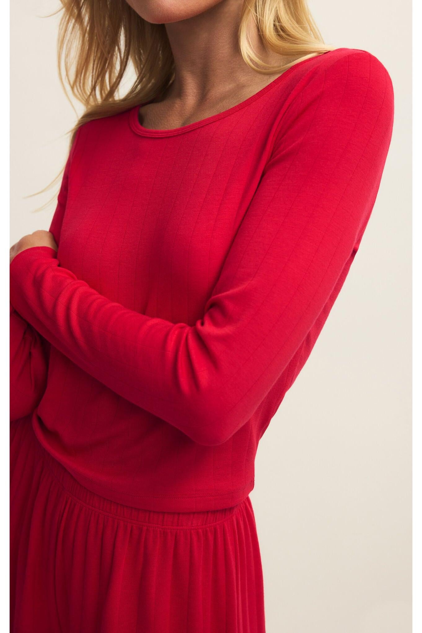 Z Supply Lounge Felt Cute Long Sleeve Rib Top in Kiss Me Red-Tops-Z Supply Lounge-Deja Nu Boutique, Women's Fashion Boutique in Lampasas, Texas