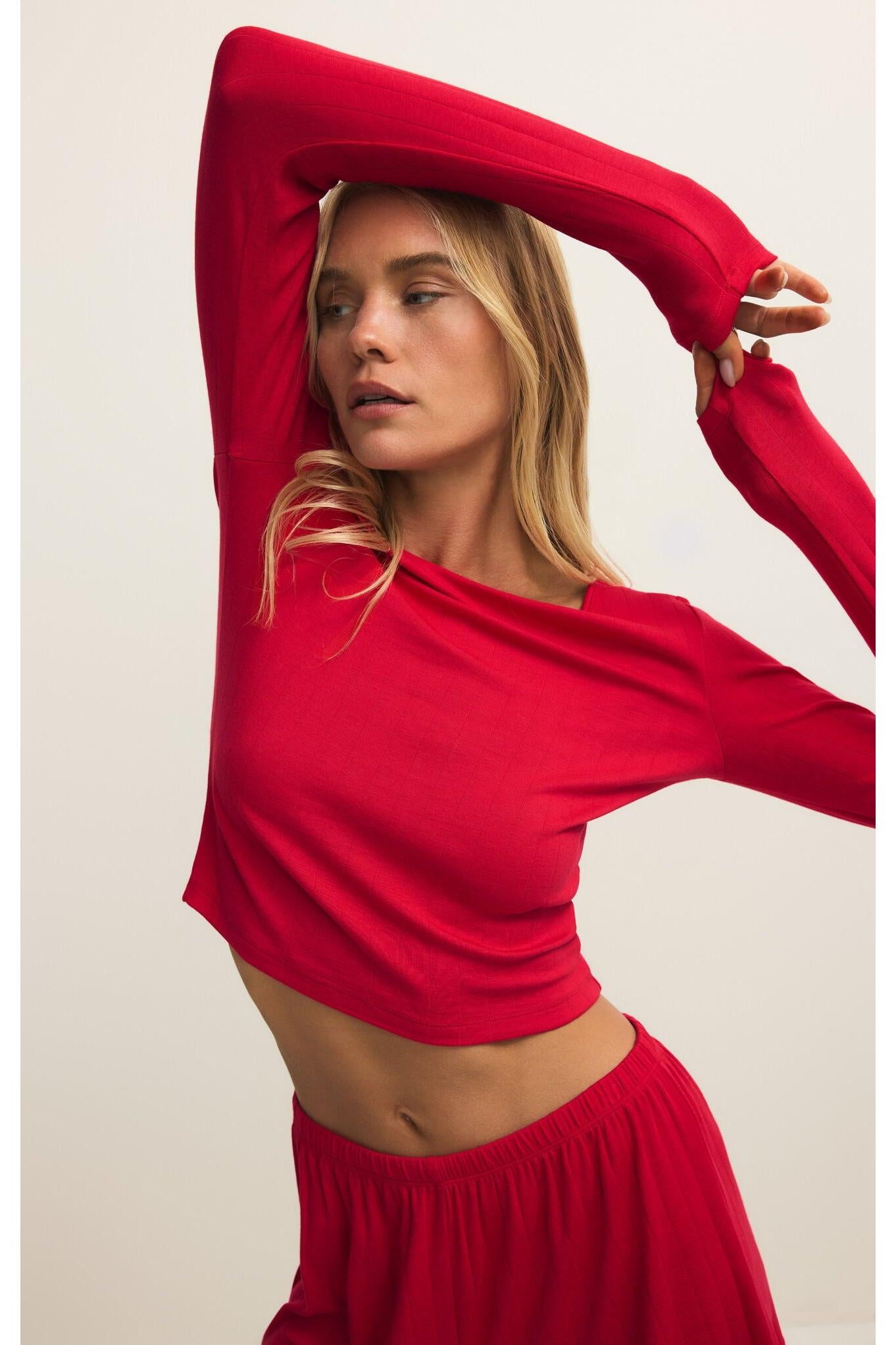 Z Supply Lounge Felt Cute Long Sleeve Rib Top in Kiss Me Red-Tops-Z Supply Lounge-Deja Nu Boutique, Women's Fashion Boutique in Lampasas, Texas
