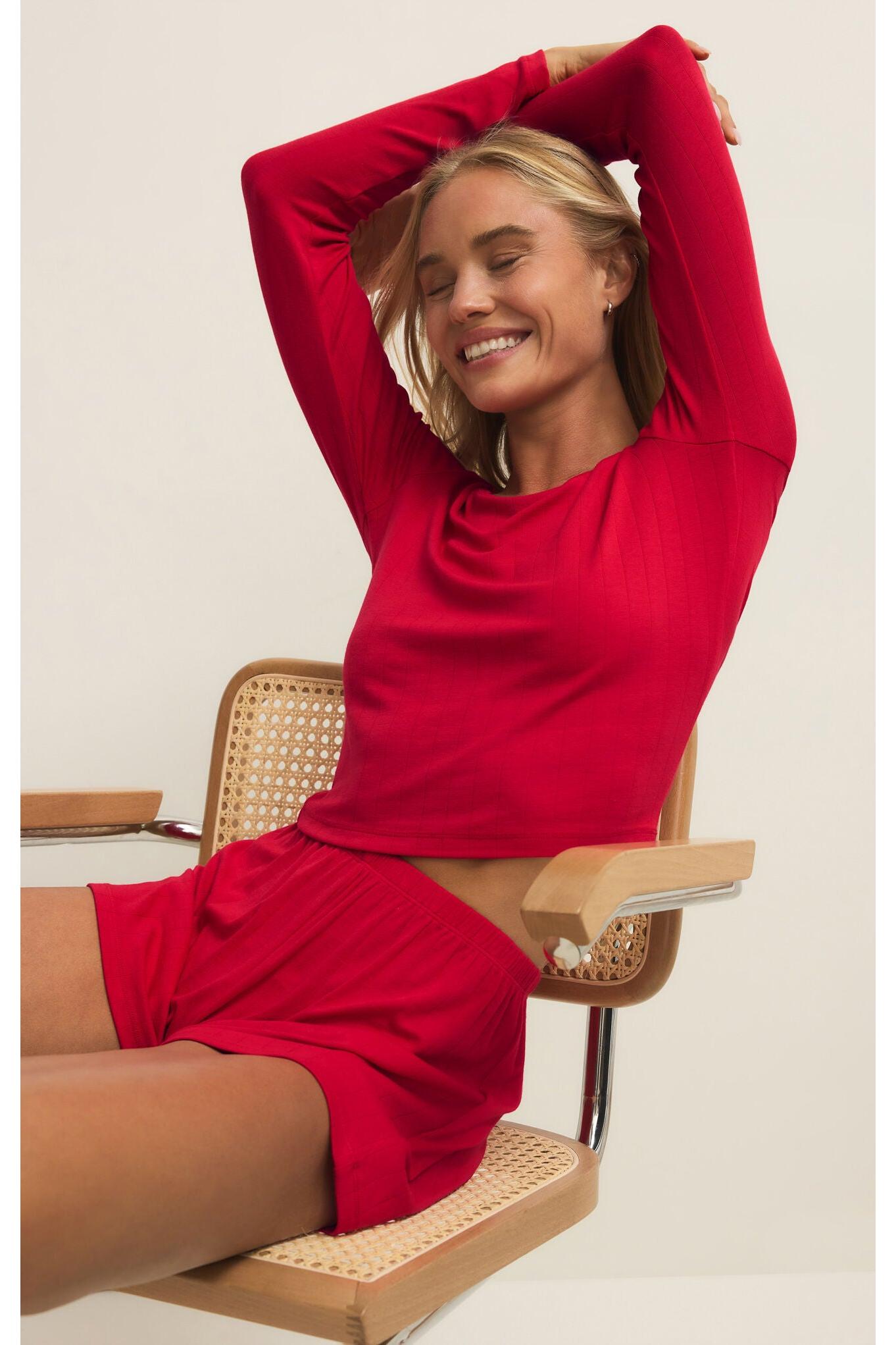 Z Supply Lounge Felt Cute Long Sleeve Rib Top in Kiss Me Red-Tops-Z Supply Lounge-Deja Nu Boutique, Women's Fashion Boutique in Lampasas, Texas