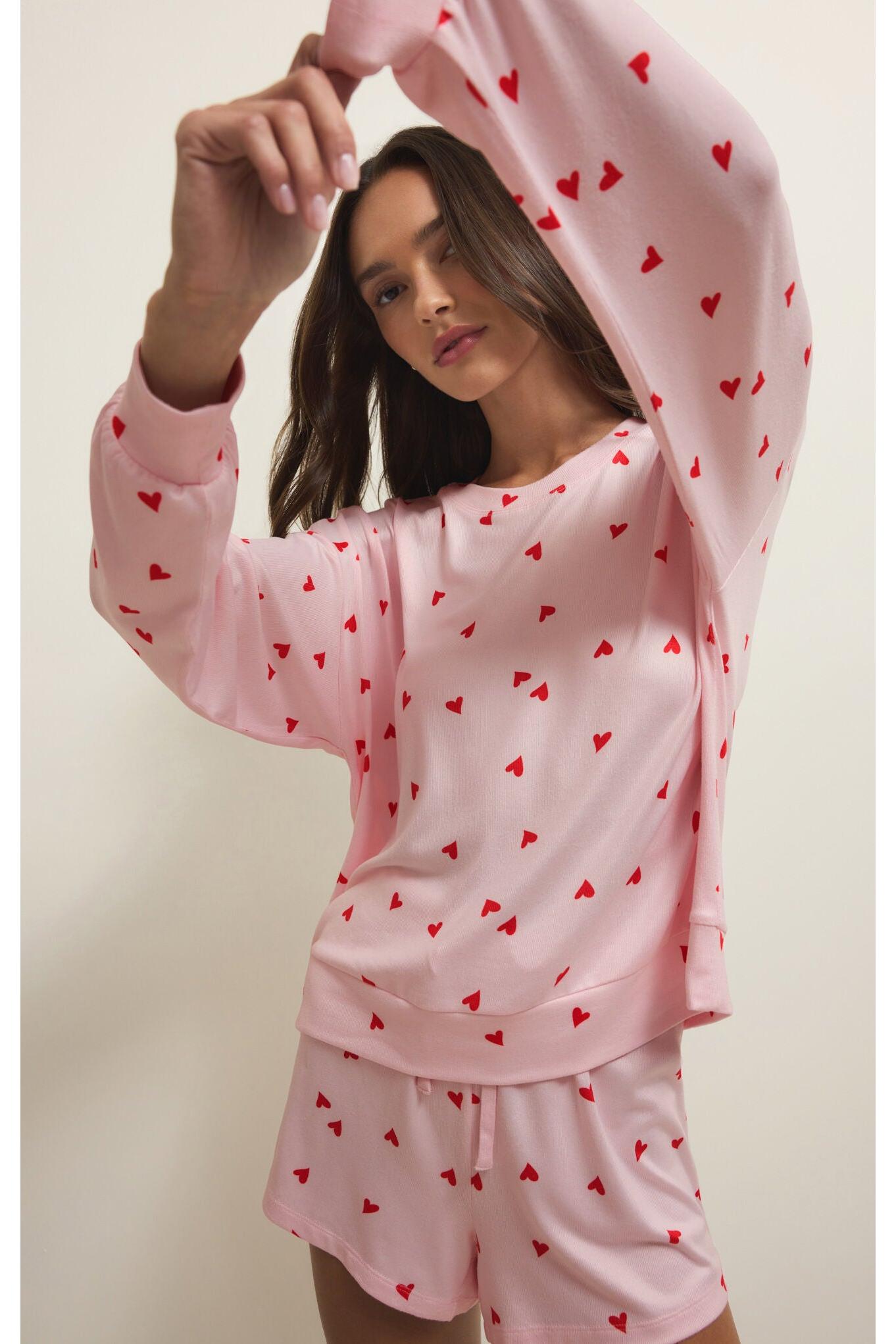 Z Supply Lounge Mira Heart Long Sleeve Top in Pink Marshmallow-Tops-Z Supply Lounge-Deja Nu Boutique, Women's Fashion Boutique in Lampasas, Texas